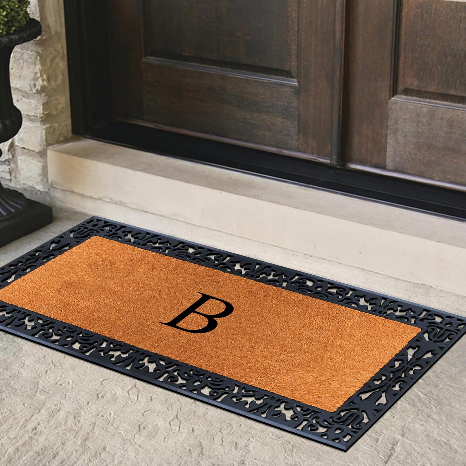 A1HC Natural Coir Doormat for Outside Entrance, Anti-Shed Treated Front Door Mat 30" x 60", Long Lasting Front Porch Entry Matt Monogrammed - B (Plain Black)