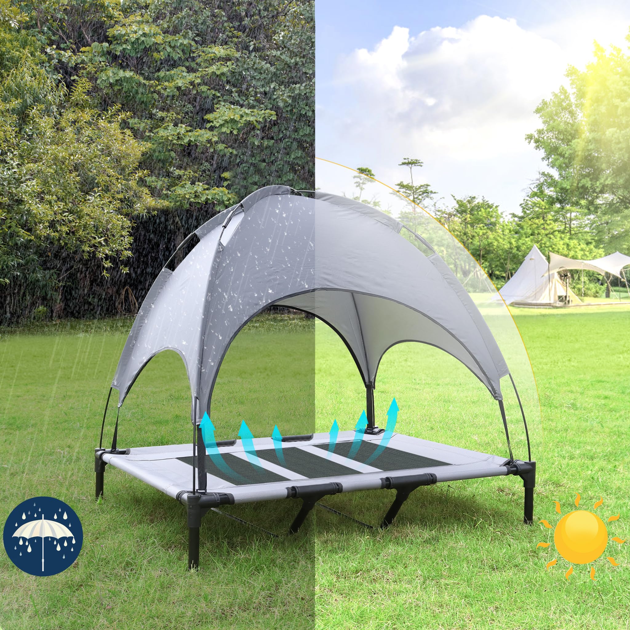 FIVMEN Cama para perros con dosel para perros al aire libre 2 en 1, cama para mascotas, sofá elevado, cama para gatos y perros pequeños y grandes, 122 x 92 x 102 cm