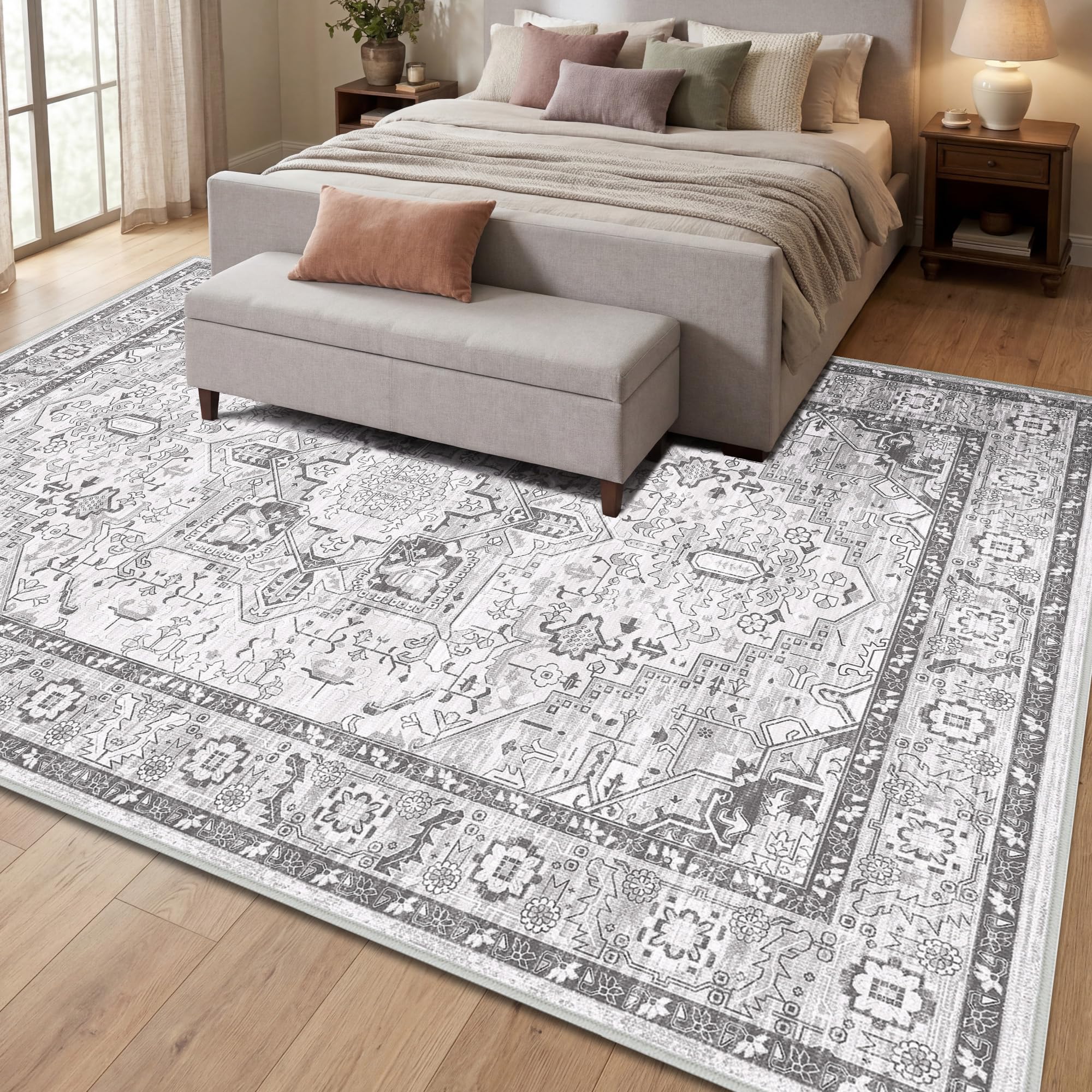 Autsel Rugs for Living Room Bedroom 200x300cm, Extra Large Machine Washable Area Rugs Non-slip, Vintage Boho Rugs, Soft Short Pile Carpet, Grey Runner Rugs for Hallway, Carpet for Kitchen, Office