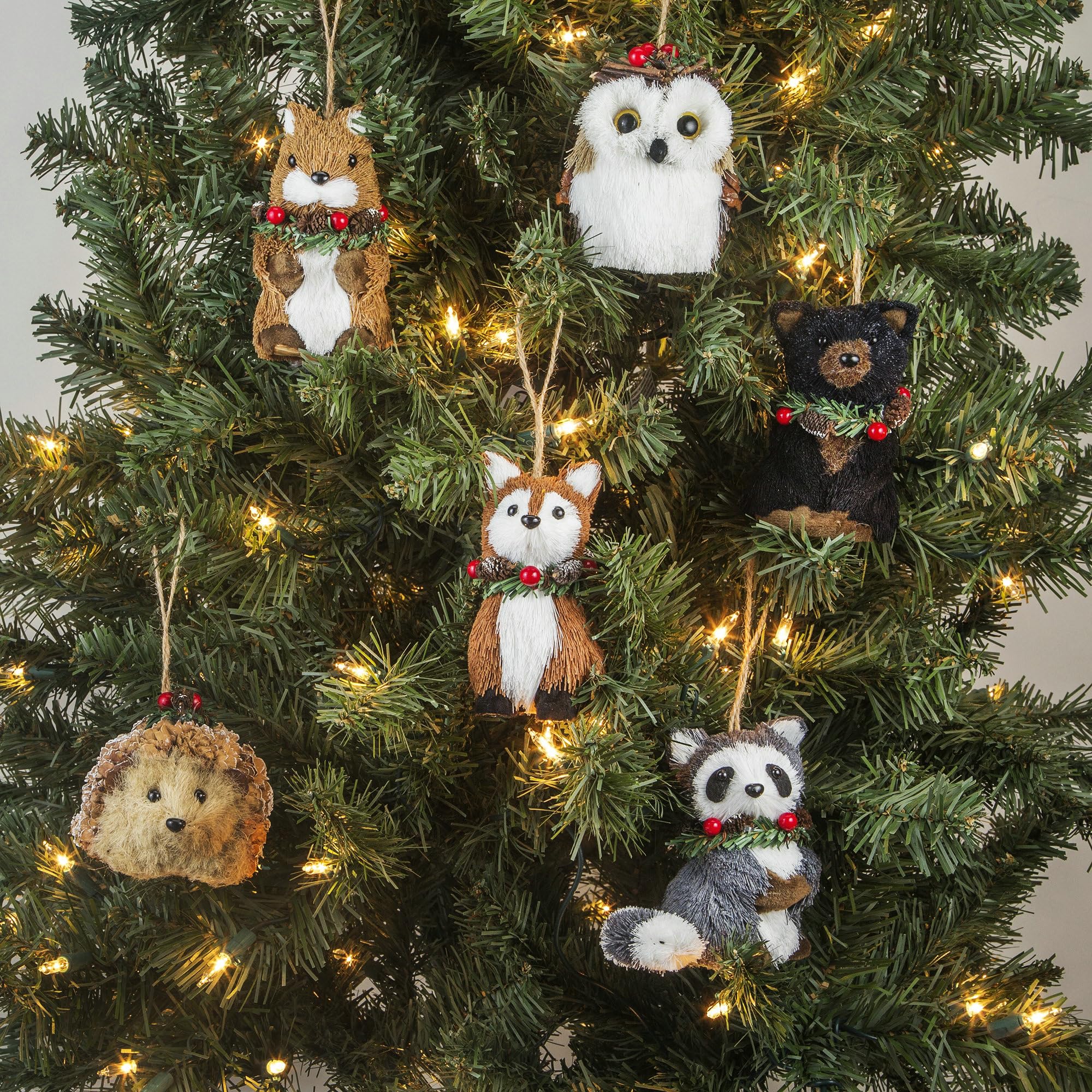 Nature Vibe Sisal Woodland Animals Christmas Tree Ornaments,Set of