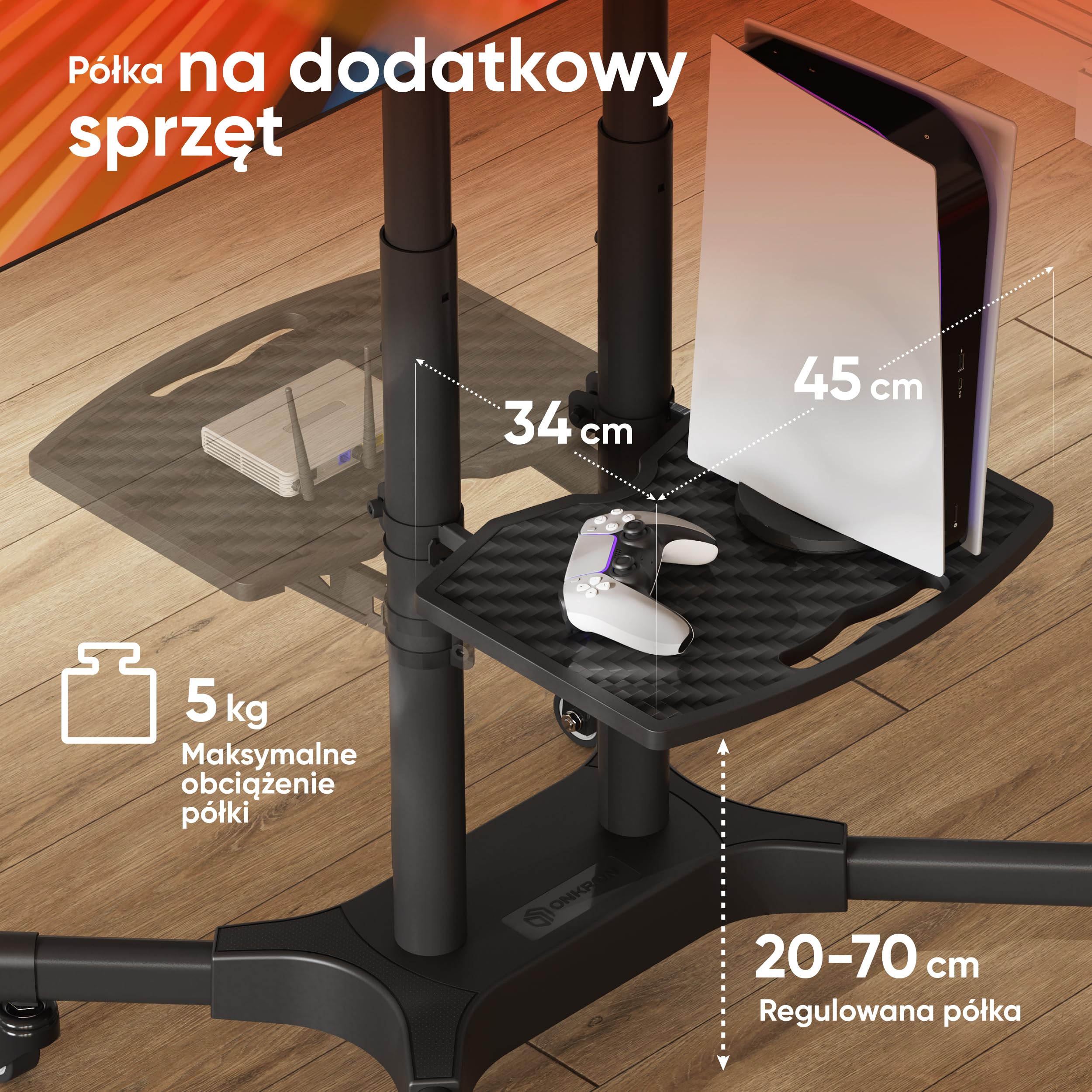 ONKRON Stojak na telewizor na kółkach dla ekranów 32" - 65" do 50 kg, regulowany na wysokość max VESA 600x400 - Uniwersalna podstawa TV/Wózek na telewizor z kółkami, czarny TS1351-B