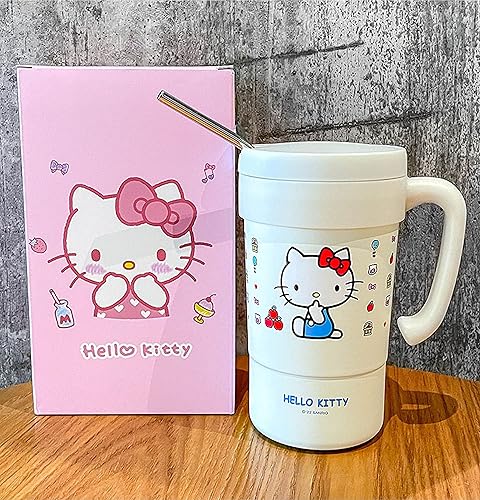 Miniatura 2 de Everyday Delights Hello Kitty - Vaso aislado de acero inoxidable con tapa, popote y varilla para agitar, 19.6 fl oz (blanco)