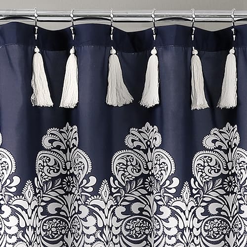 Miniatura 2 de Lush Decor, 72 x 72 pulgadas, cortina de ducha de medallón bohemio azul marino, diseño de damasco bohemio con borlas