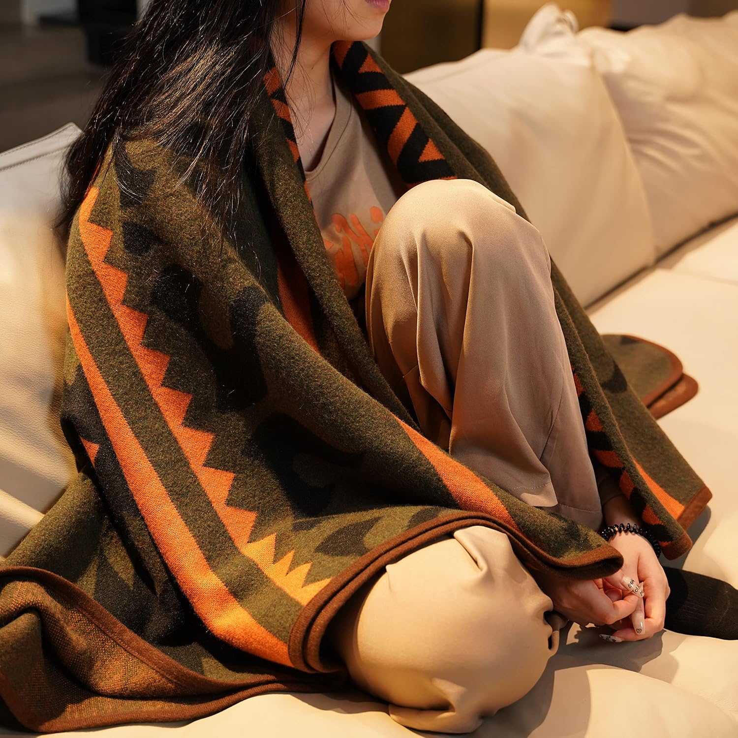 PuTian Merino Wool Blanket, Soft Throw for Camping, 63"×51", Green Flame image 5
