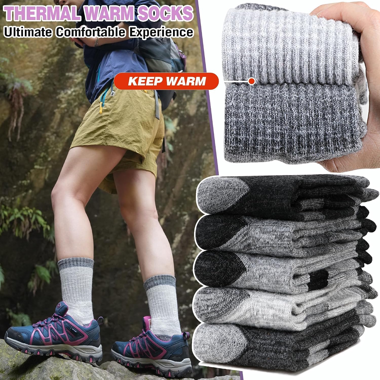 Merino Wool Hiking Socks Thermal Warm Winter Cozy Cushioned Moisture Wicking Crew Socks for Women 5 Pairs image 2
