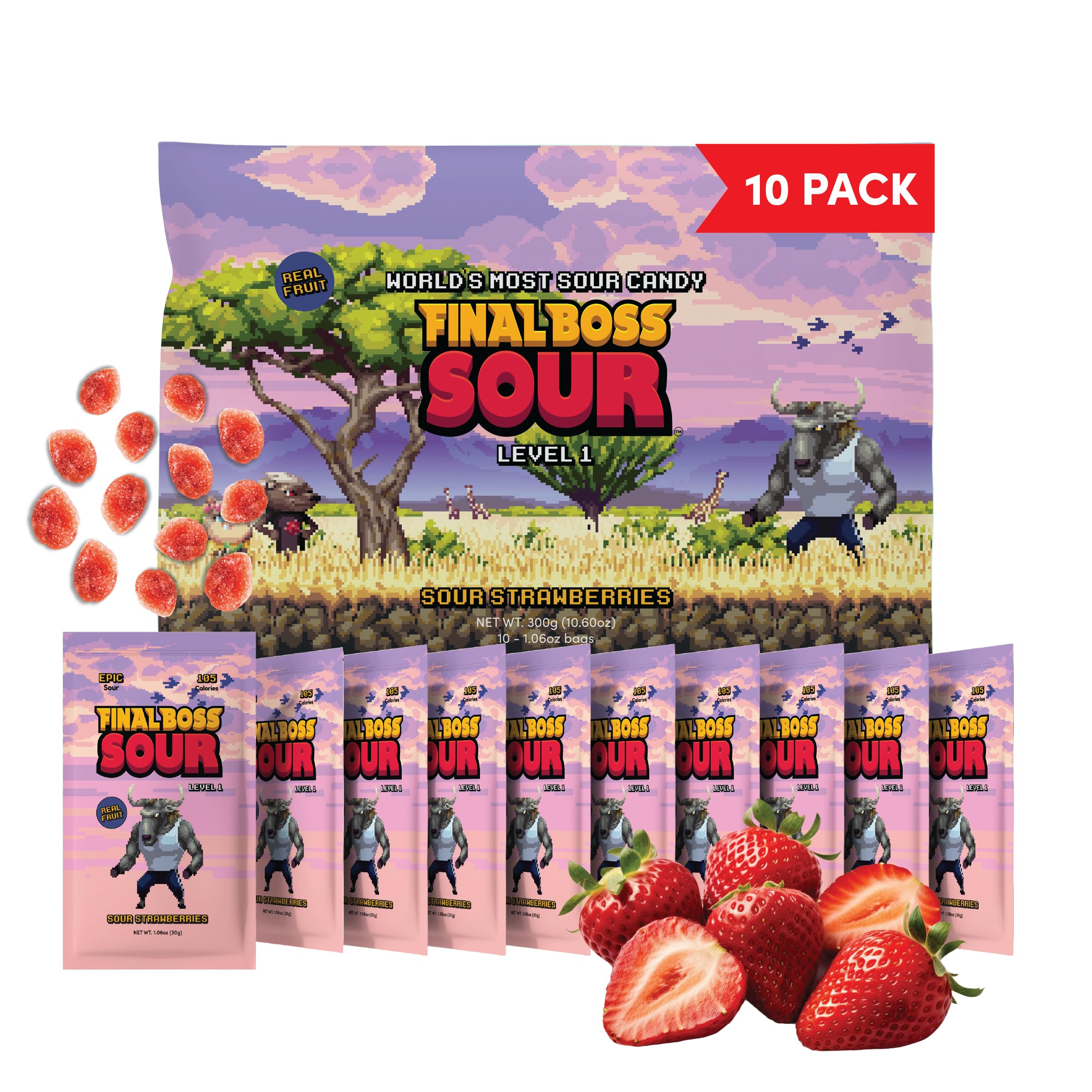 Final Boss Sour Candy, Sour Strawberries, 10 Pack, Level 1, Fruit Chews with Real Dried Fruit, No Artificial Colors or Flavors, Low Calorie Snack for Kids, Teens, Adults, Lunch Boxes & On The Go
