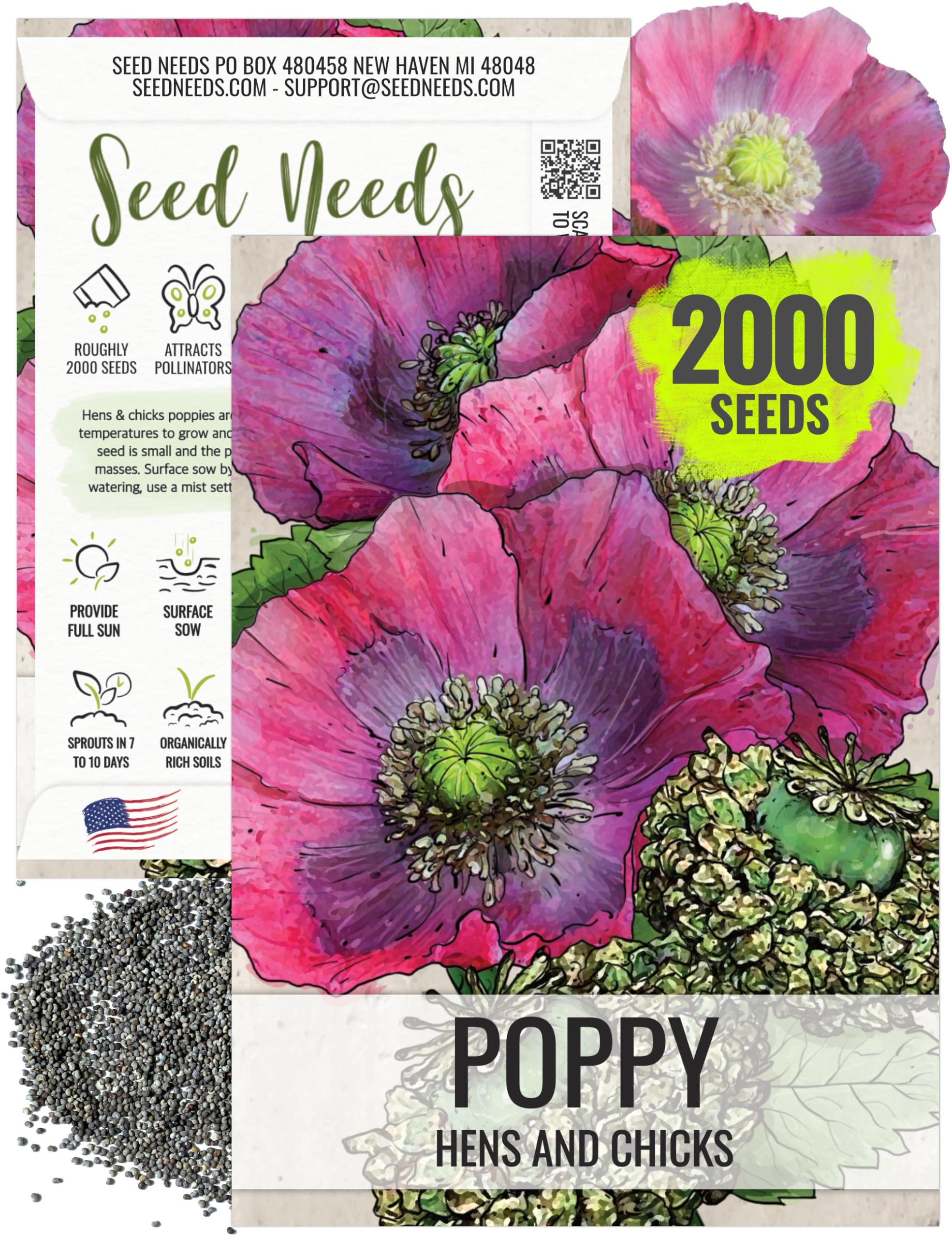 Seed Needs Hens & Chicks Poppy Seeds for Planting - Heirloom & Open Pollinated Annual Wildflowers - Beautiful Poppies to Attract Pollinators to a Butterfly Garden (1 Pack)