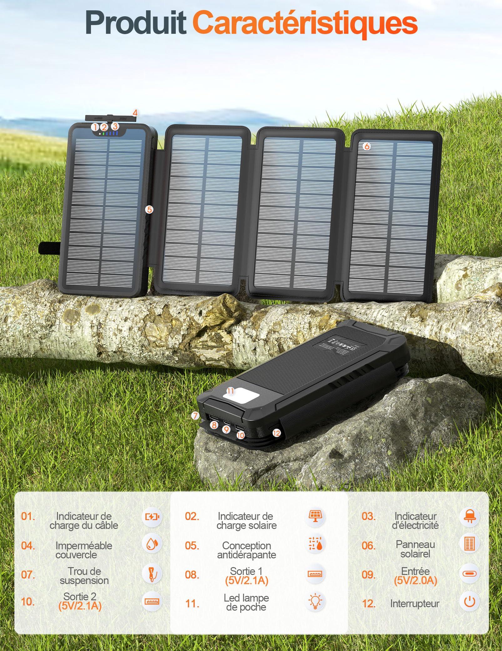 elzle Solaire Batterie Externe 26800mAh, 4 Panneau, Camping Extérieur | Imperméable, 4 Mode Lampe de Poche, 5V/2.1A, 5V/3.1A Sortie, 2 USB-A, 1 USB-C, 5W Solaire Entrée, pour Téléphones Tablettes