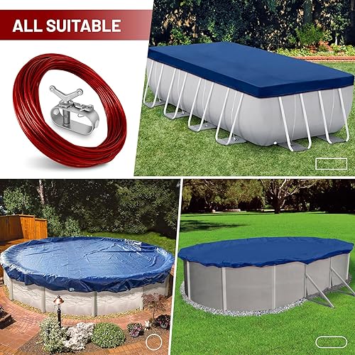 Miniatura 6 de Pool Cover Cable and Winch Kit - 100ft Winter Cover Wire and Ratchet for Round Oval Rectangular Above Ground Pools (Red) Rojo -,150 pies, rojo