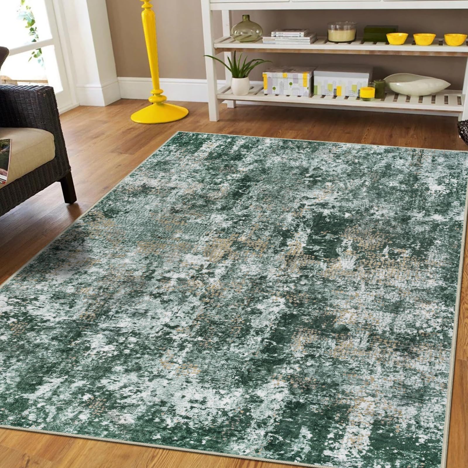 Capslpad Grün Abstraktes Teppich Wohnzimmer 120x180cm rutschfest Kurzflor Kunstwolle Schlafzimmer Teppich Waschbar Minimalistisch Bettvorleger Teppiche für Wohnzimmer Schlafzimmer Büro Bereich Dekor