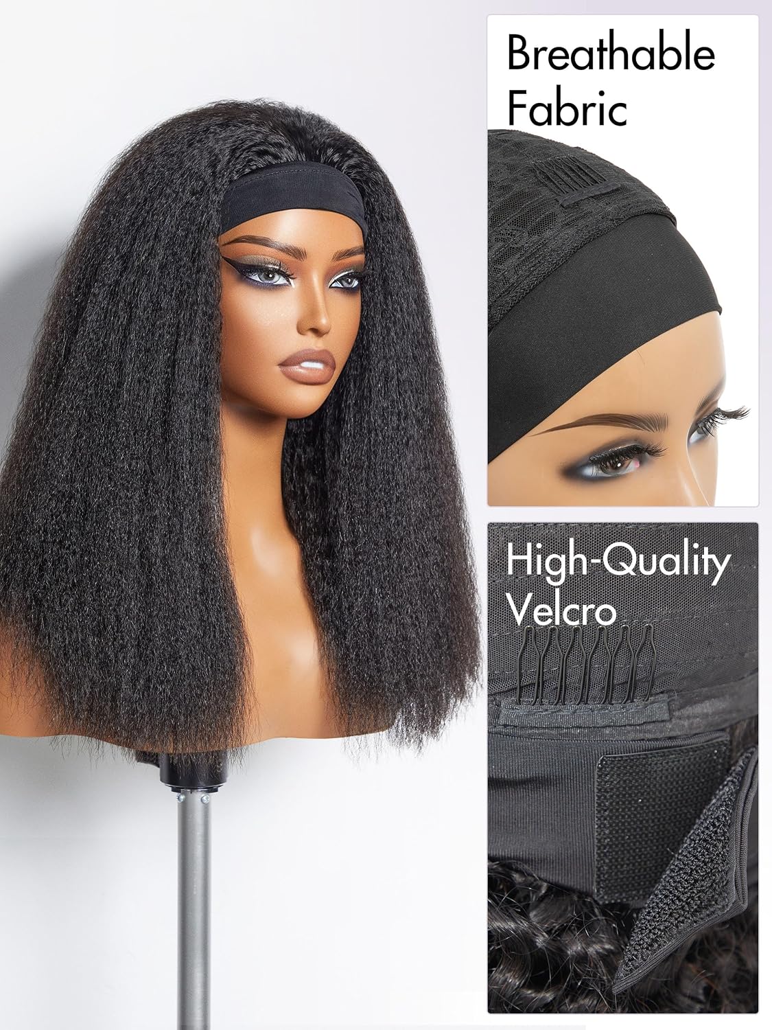 LUVME HAIR Kinky Straight Headband Wig Human Hair Ready to Go No Lace Glueless Human Hair Wigs with Adjustable Headband Beginners Friendly (20 Inch & Natural Black)