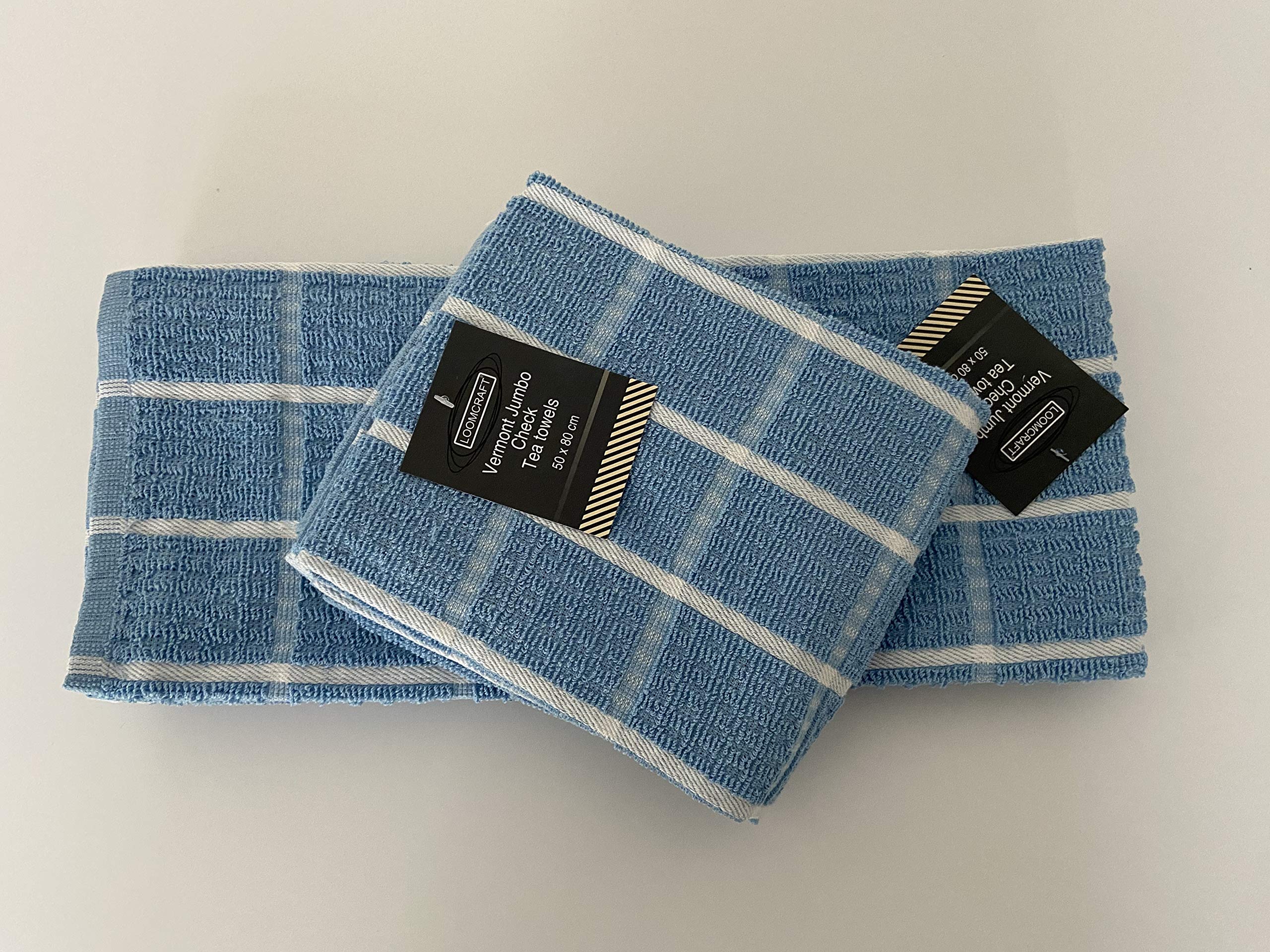 Loomcraft 3 Pack Large Jumbo Kitchen Hand Tea Towels Check Design in Blue
