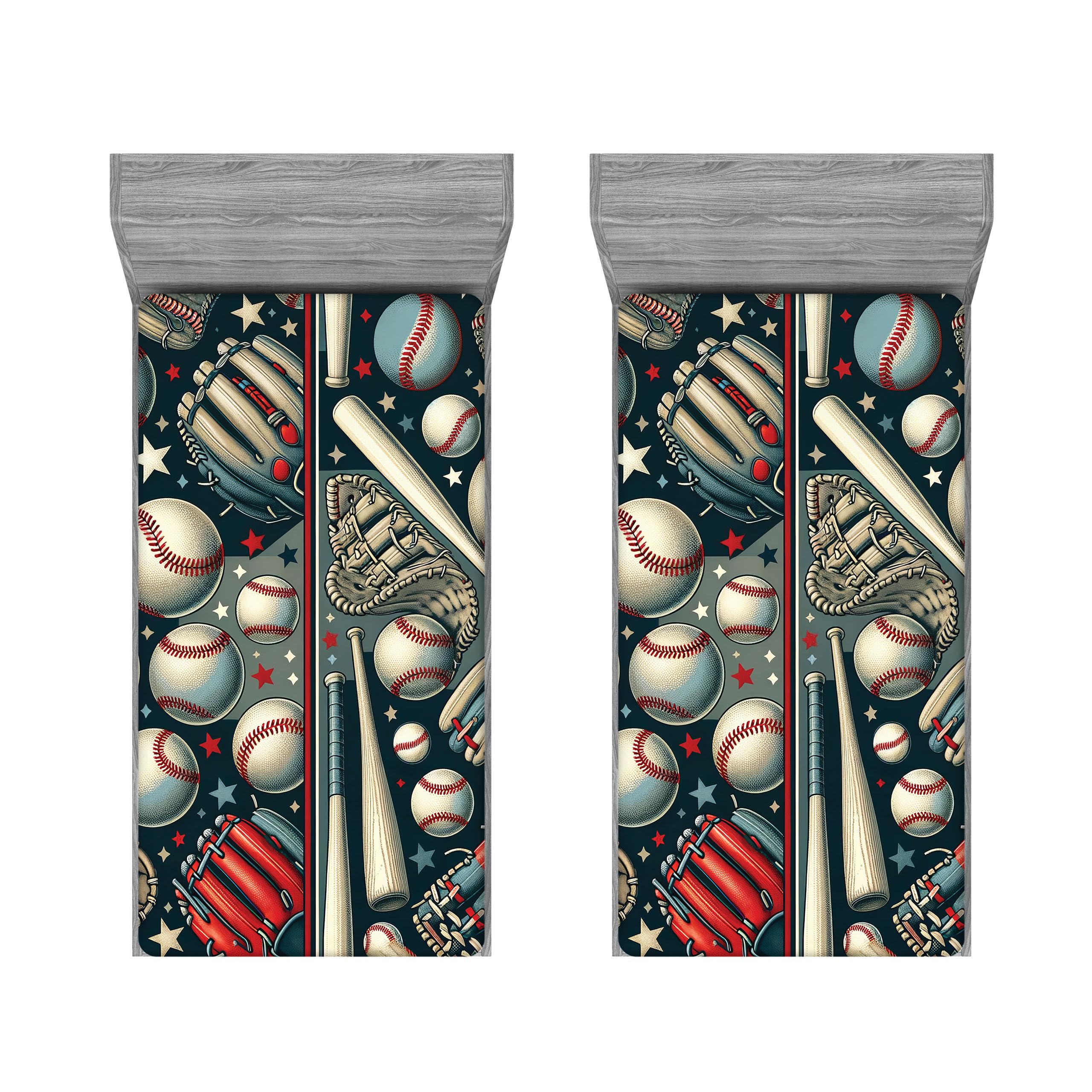 Ambesonne Baseball 2 Pack Fitted Sheet, Traditional Sports Balls, Bed Cover All-Round Elastic Deep Pockets 2 Pieces, Package Contains 2 Twin Size Fitted Sheets, Dark Pink Blue Grey Dusk