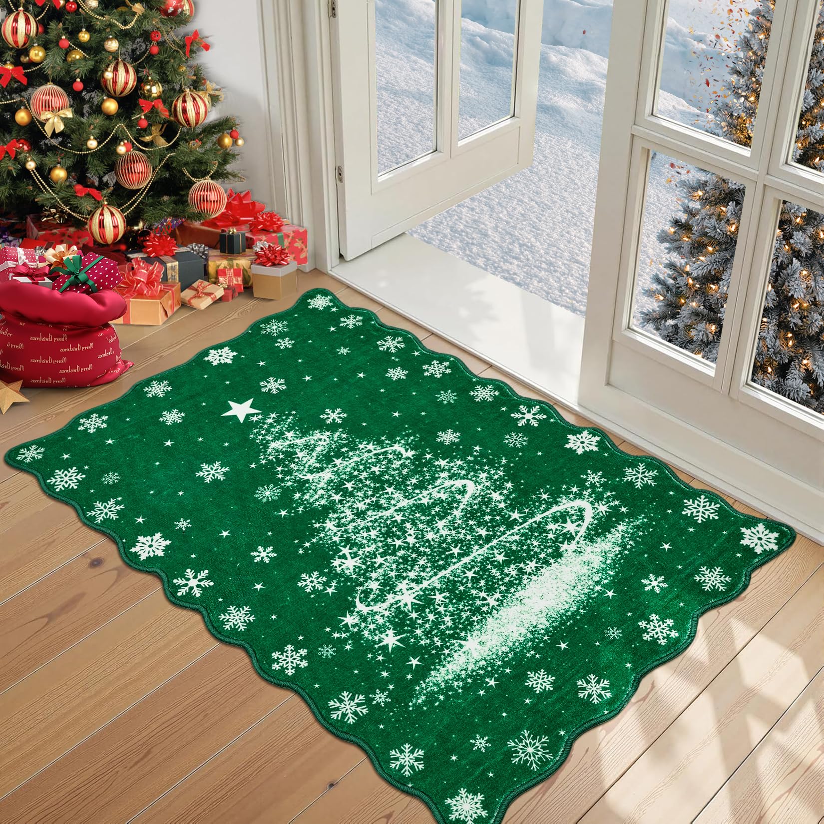 FairyStyle Washable Christmas Doormat 60x100cm Festive Snowflake XmasGreen
