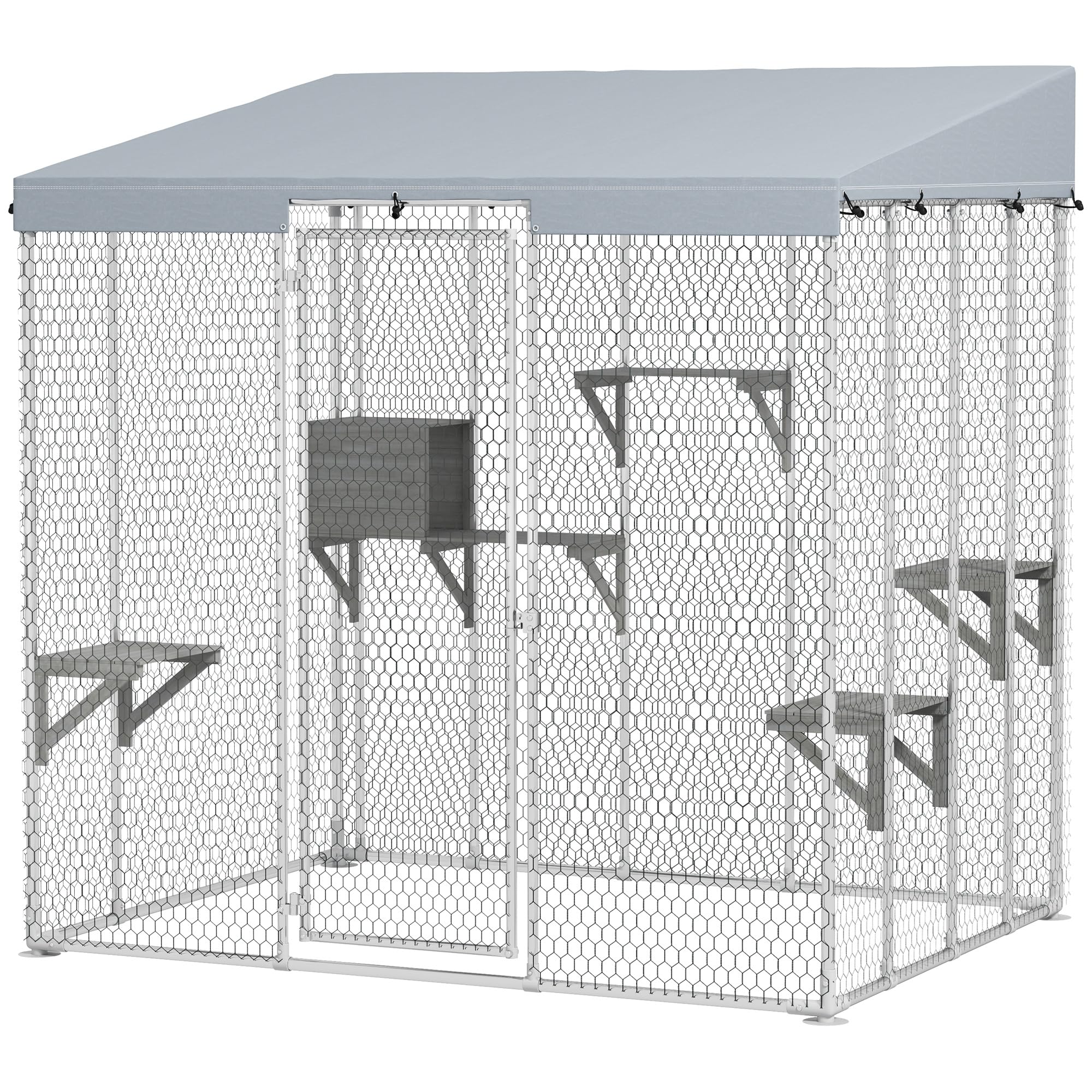 PawHut Catio Outdoor Cat Enclosure, 79" Large Walk-in Cat House with Waterproof Cover, Resting Boxes, 5 Jumping Platforms, Chicken Run Coop, Rabbit