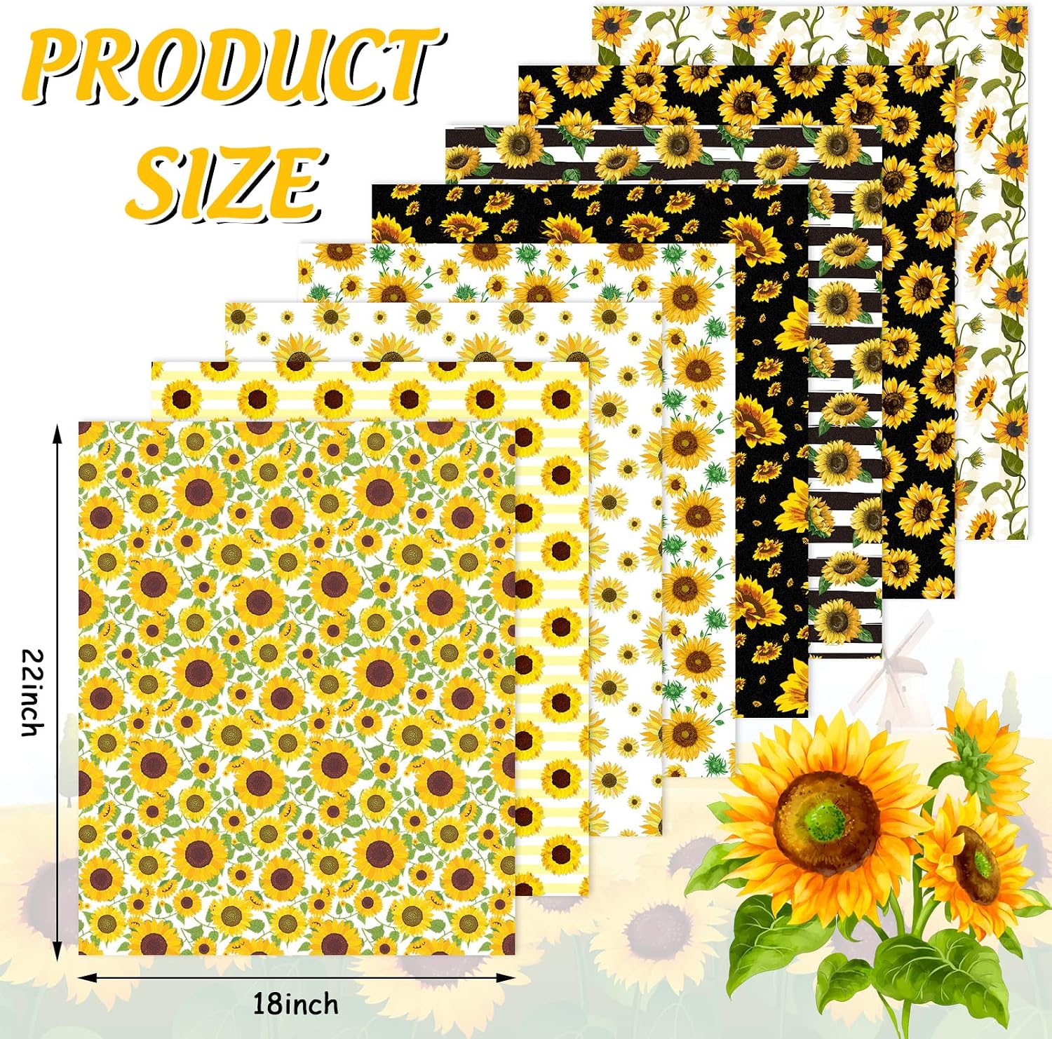 Whaline 8 Pcs Summer Cotton Fabric Bundles 18 x 22 Inch Watercolor Sunflower Fat Quarters Floral Quilting Patchwork Squares Sewing Fabrics for DIY Handmade Craft Home Party Decor