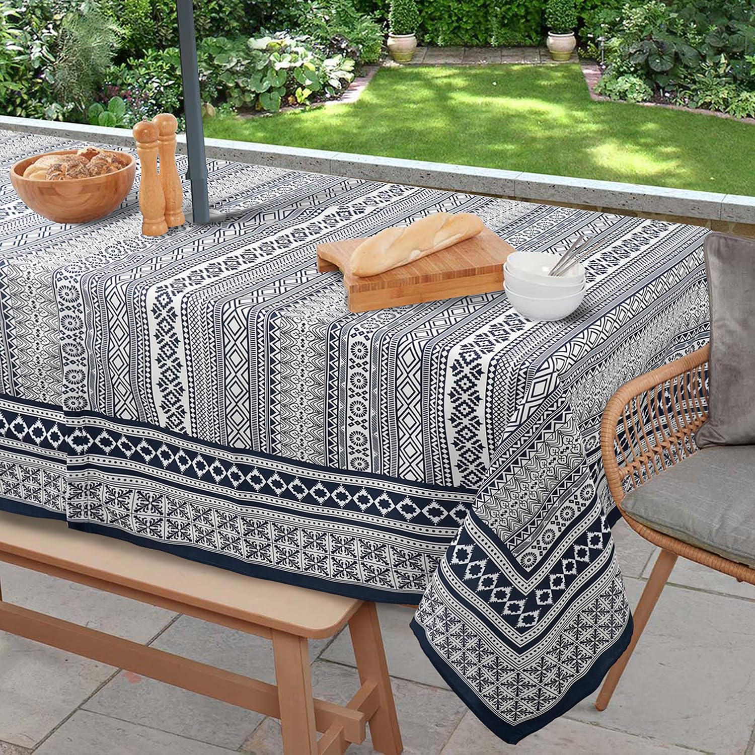 Virtumob Outdoor Tablecloth with Umbrella Hole and Zipper, Rectangle Patio Table Covers for Spring/Summer, Machine Washable Outdoor Picnic Table Cloth (Boho, 60" × 84" Rectangular)