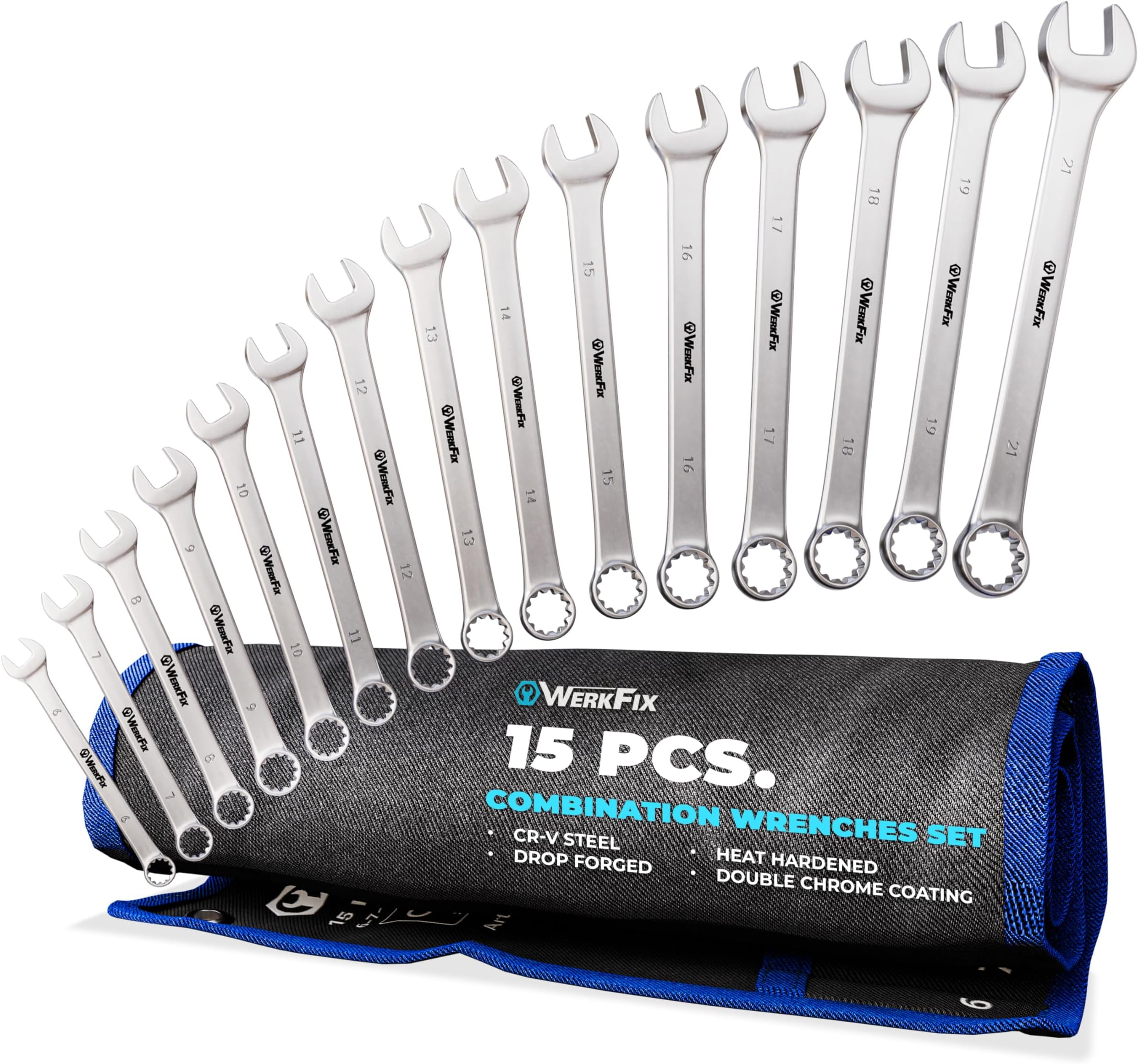 S&R WERKFIX Professional Metric Combination Spanner Set (Set of Spanners) 15 pcs 6–21 mm – Thin Ring Spanner for Bike & Garage | CRV Steel | Roll-Up Bag