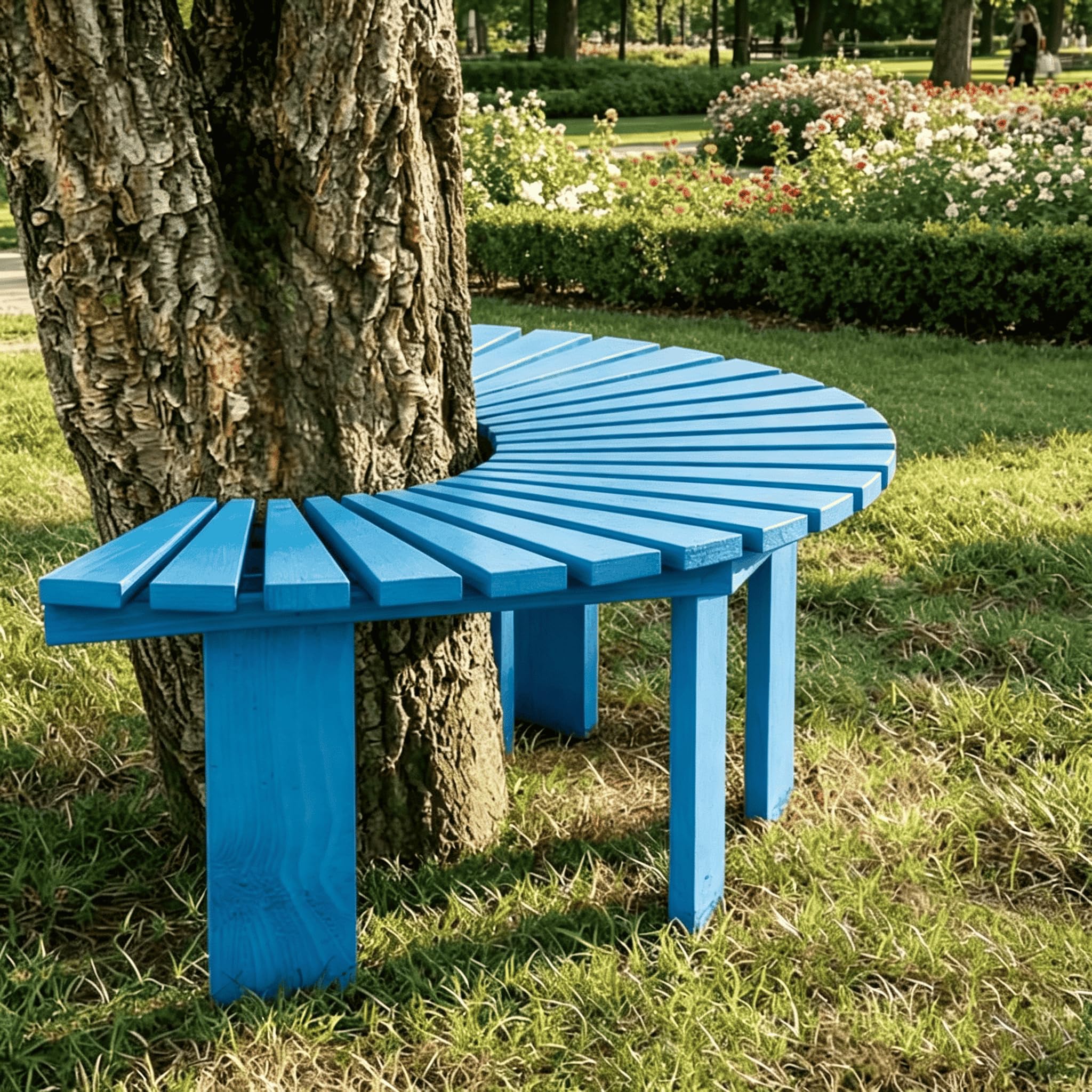 Solid Wood Wrap Around Semi-Circular Tree Bench, Multi-function Weatherproof Outdoor Rack & Seat Perfect for Backyard, Patio and Garden Decoration,Blue,Half Round