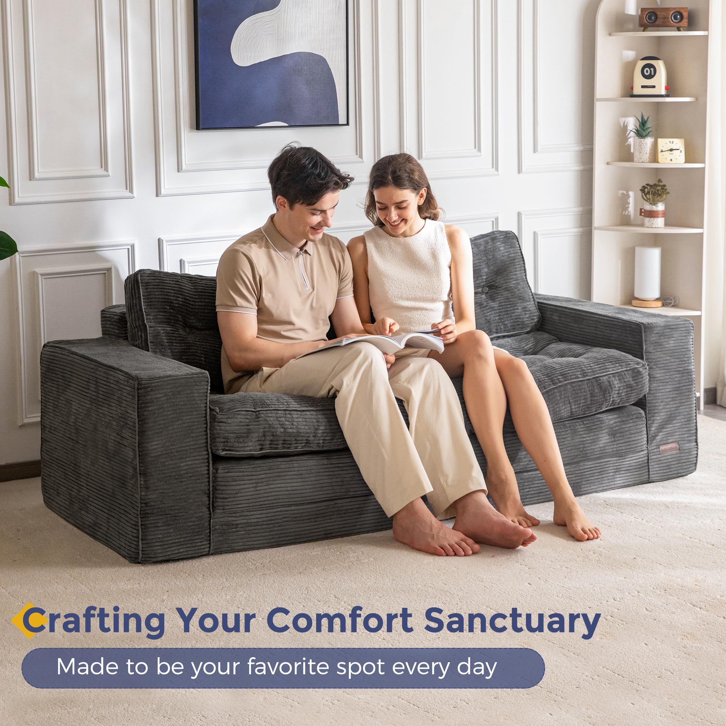 MAXYOYO Bodensofa Schlafsofa 190cm Breit mit Kissen, 2-in-1 Klappbar Cord Sofa 3 Sitzer mit Schlaffunktion, Liegefläche 101x196CM für Wohnzimmer, Schlafzimmer, Lounge | Ausziehbares Schlafsofa mit 2 Kissen, bequemes 2-in-1-Schlafsofa 3-Sitzer, 190x85 cm,