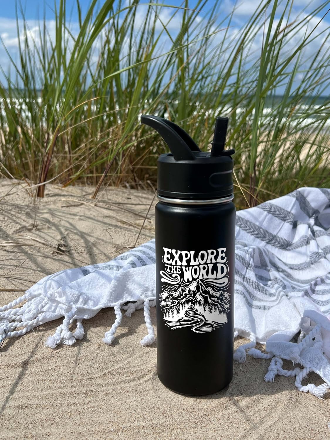 Explore the World Personalized Stainless Steel Sports Hydro Water Bottle, Vacuum-insulated, 18 or 32 oz Size, Keeps Liquids Pipping Hot or Icy Cold! (Straw or Mouthtop). Made In America