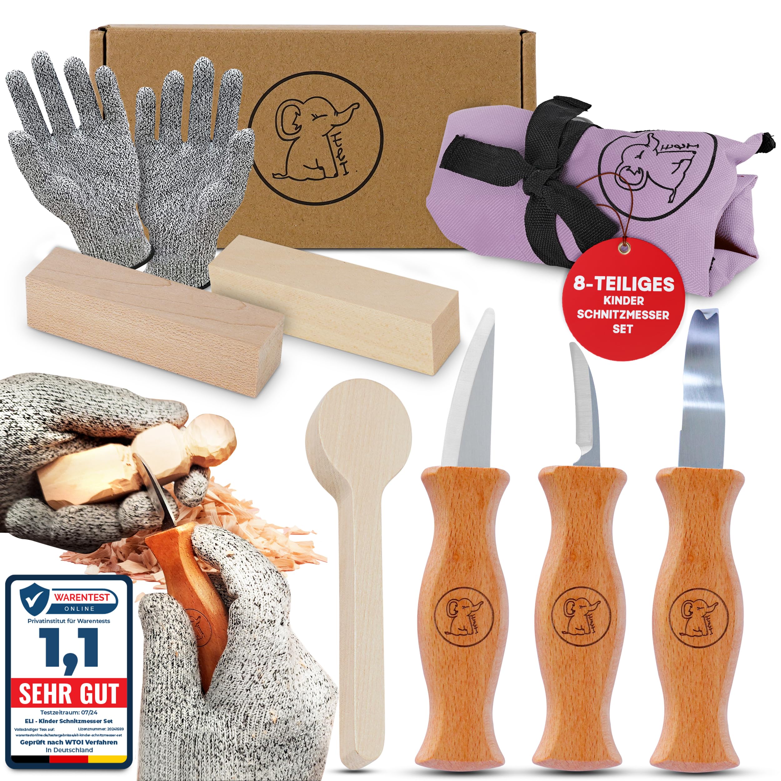 Eli® Schnitzmesser Kinder Set ab 6 Jahre - hochwertiges Kindermesser Schnitzset inkl. schnittfeste Handschuhe - Kinderschnitzmesser - Schnitzwerkzeug - Outdoor Messer