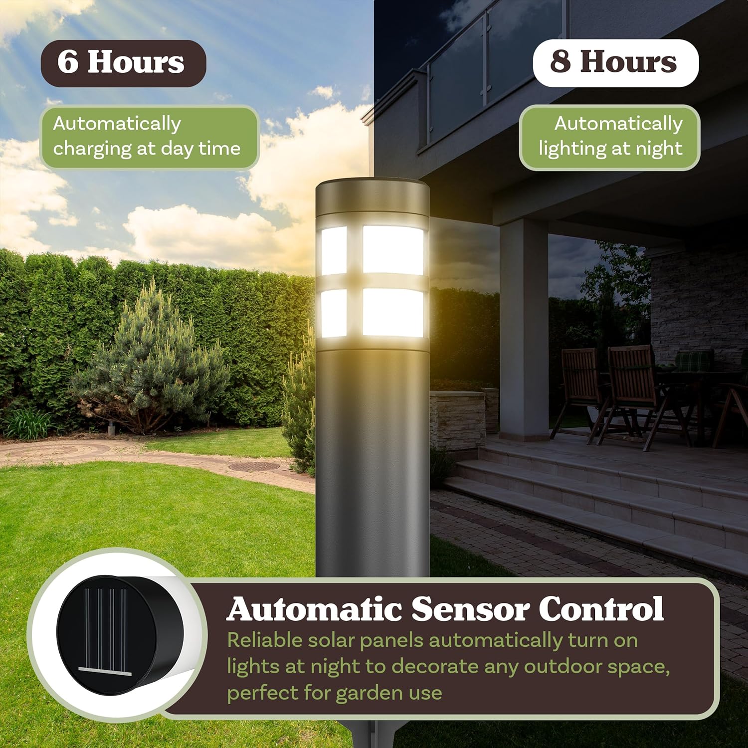 Solar Path Bollard Lights, Set of 8-15.4” Outdoor Stake Lighting for Garden, Landscape, Yard, Patio, Deck, Driveway, Walkway by Pure Garden (Black)