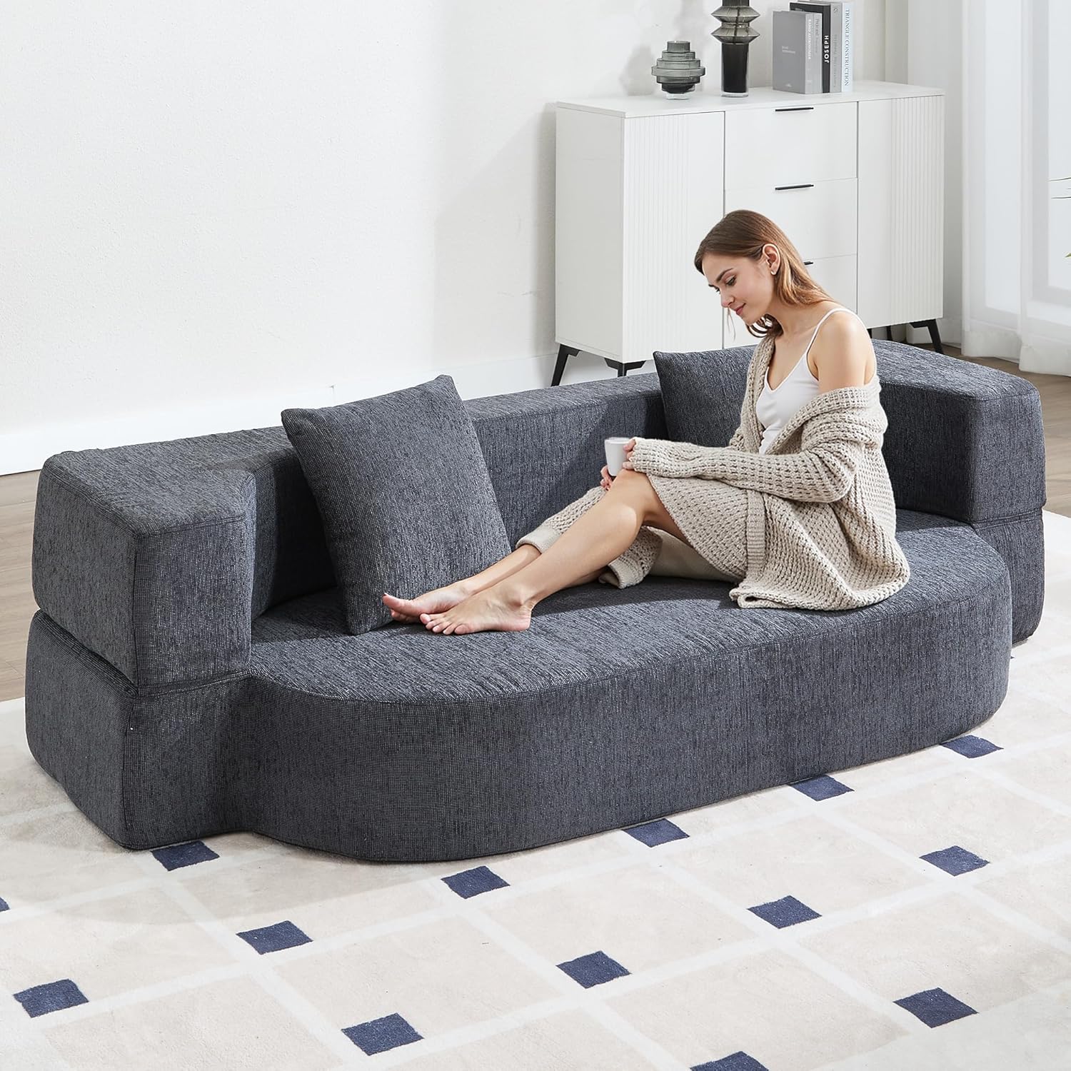 Folding Sofa Bed, Convertible Futon Sleeper Bed, 2-in-1 Foldable Floor Mattress with 2 Pillows, Breathable High-Density Foam Lazy Couch, Twin Size Comfy Lounge Chair, Dark Gray