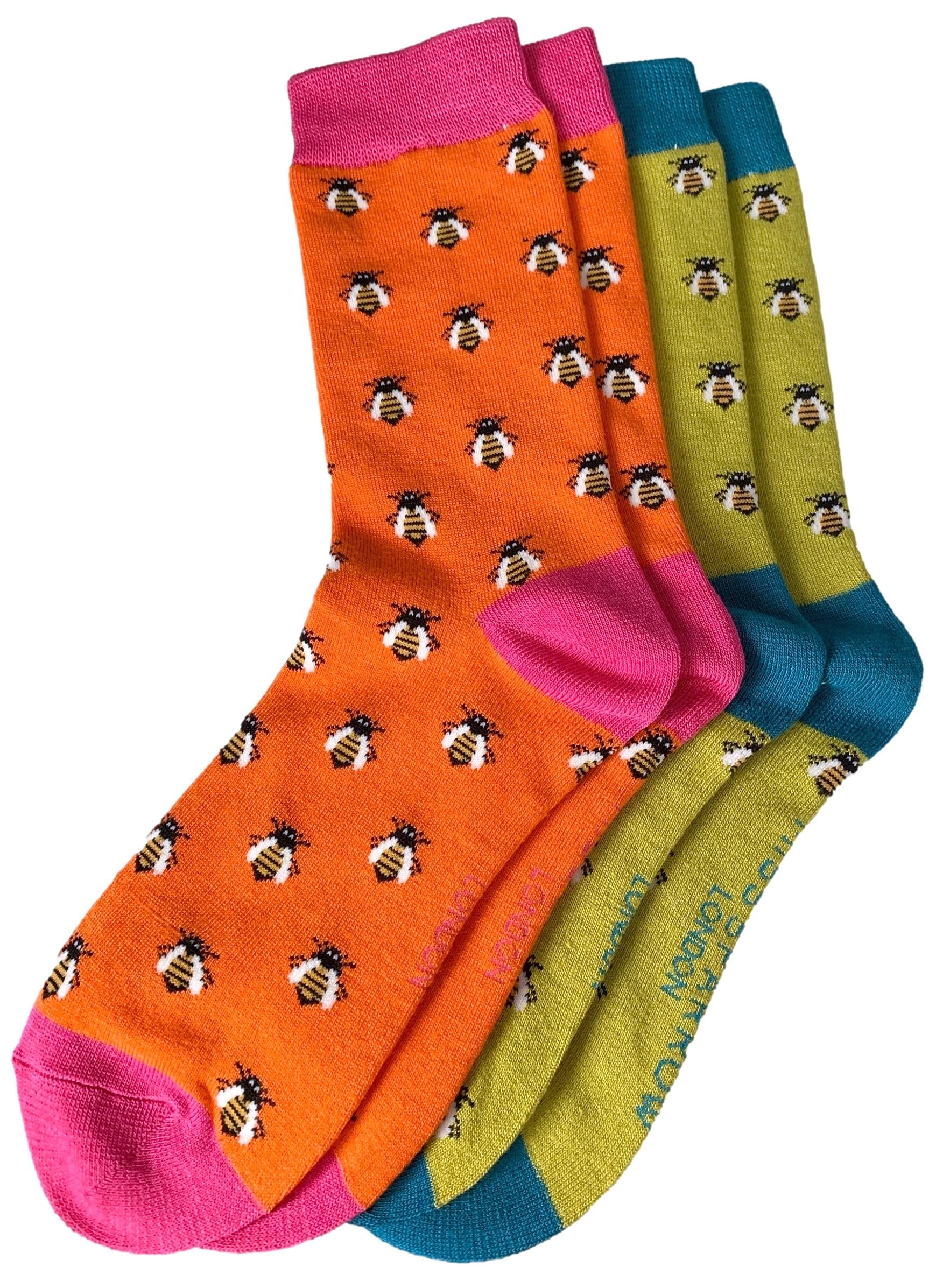 Purple Possum® Bee Socks Ladies Multi Pack Bumble Bees Orange Lime Green Bees Bamboo Cotton (Yellow & Lime Green) (Orange & lime Green) Size 4 to 7
