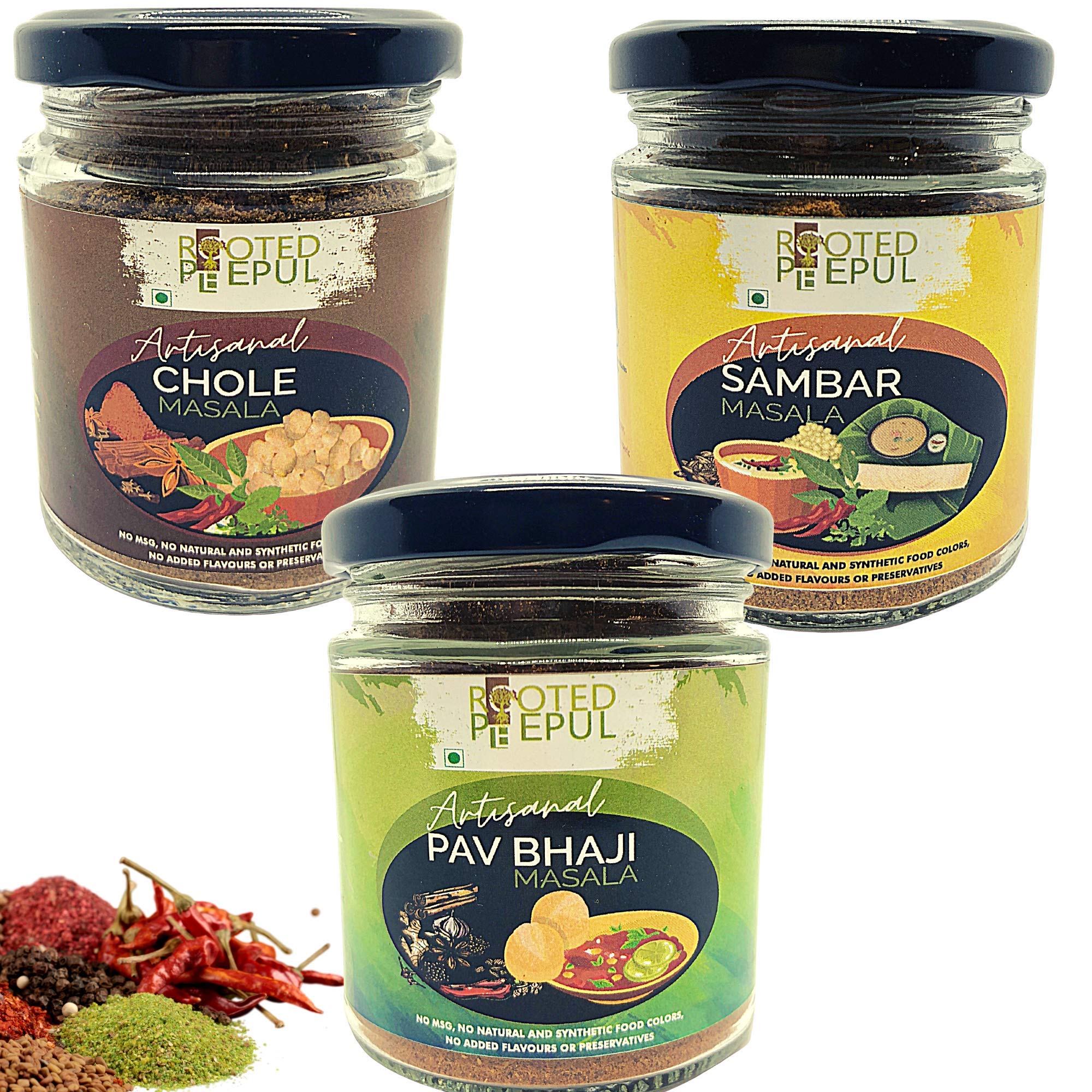 Rooted Peepul Artisanal Sambar Masala+ Pav Bhaji Masala+chola Masala| More Spice Less Chilli| (75g X 3)