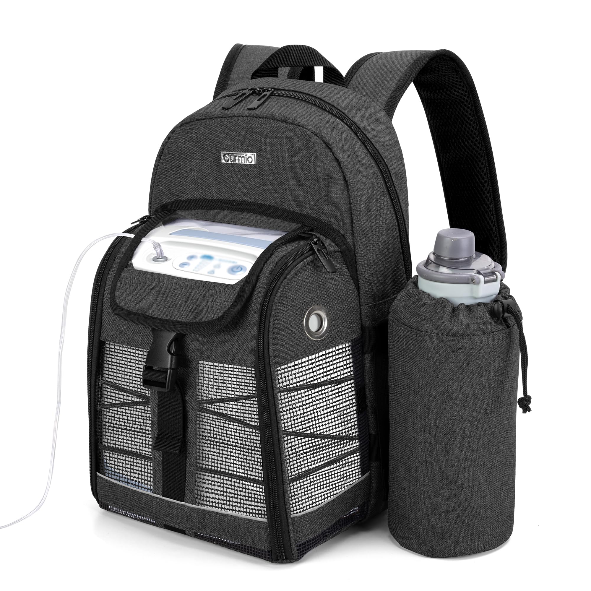 CURMIO Zaino portatile per concentratore di ossigeno, borsa da trasporto POC compatibile con unità Inogen, OxyGo e Caire, solo borsa, Nero (in Attesa di Brevetto) | Borsa per POC Universale, Rete Traspirante, Tasca per Borraccia, Compatibile con Inogen/ O