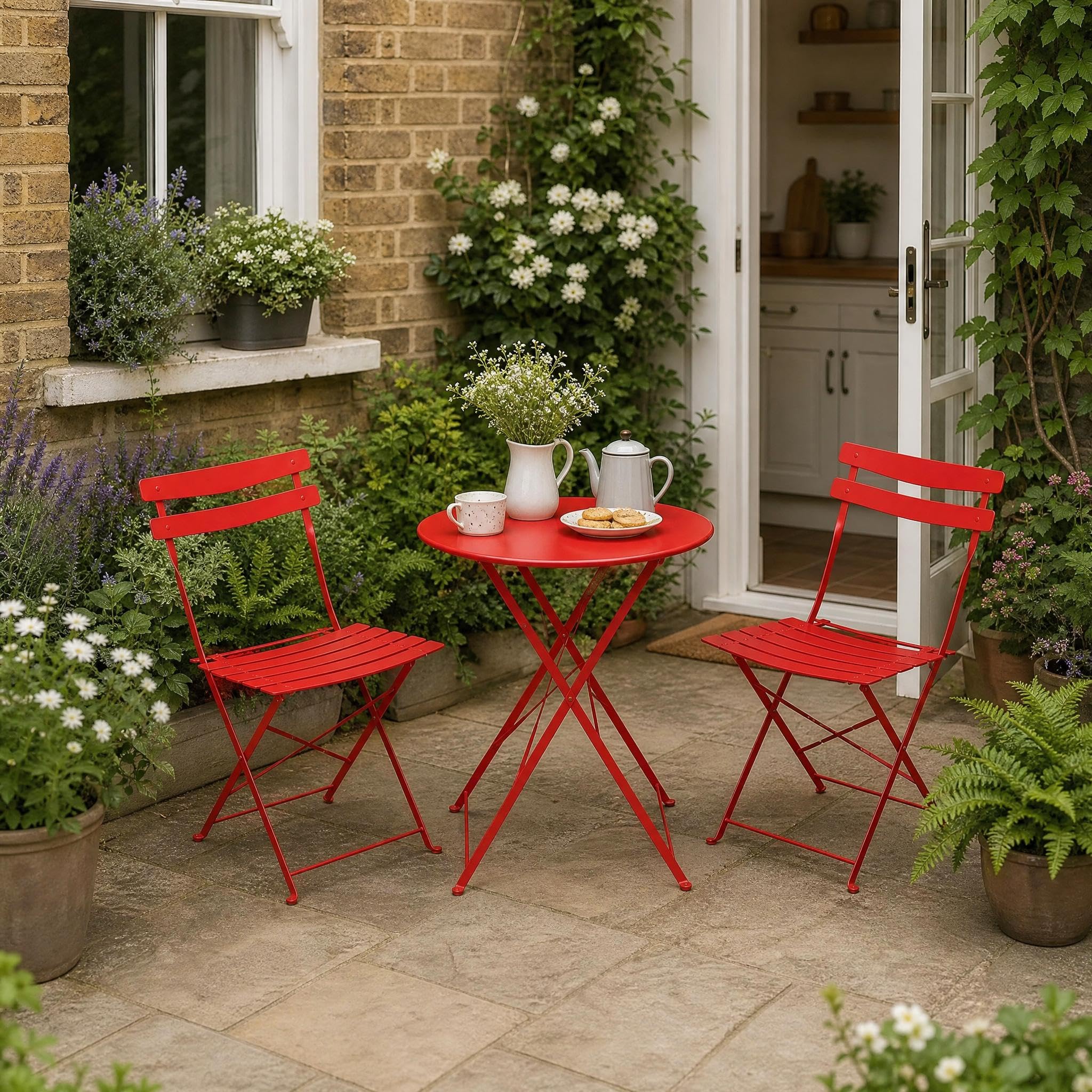 GarveeMore 3 Piece Bistro Set for 2, Folding Garden Table & Chairs Set of 2, Weatherproof Metal Outdoor Seating, Small Balcony Set, No Assembly 2 Seater Patio Set for Gardens & Terraces - Red