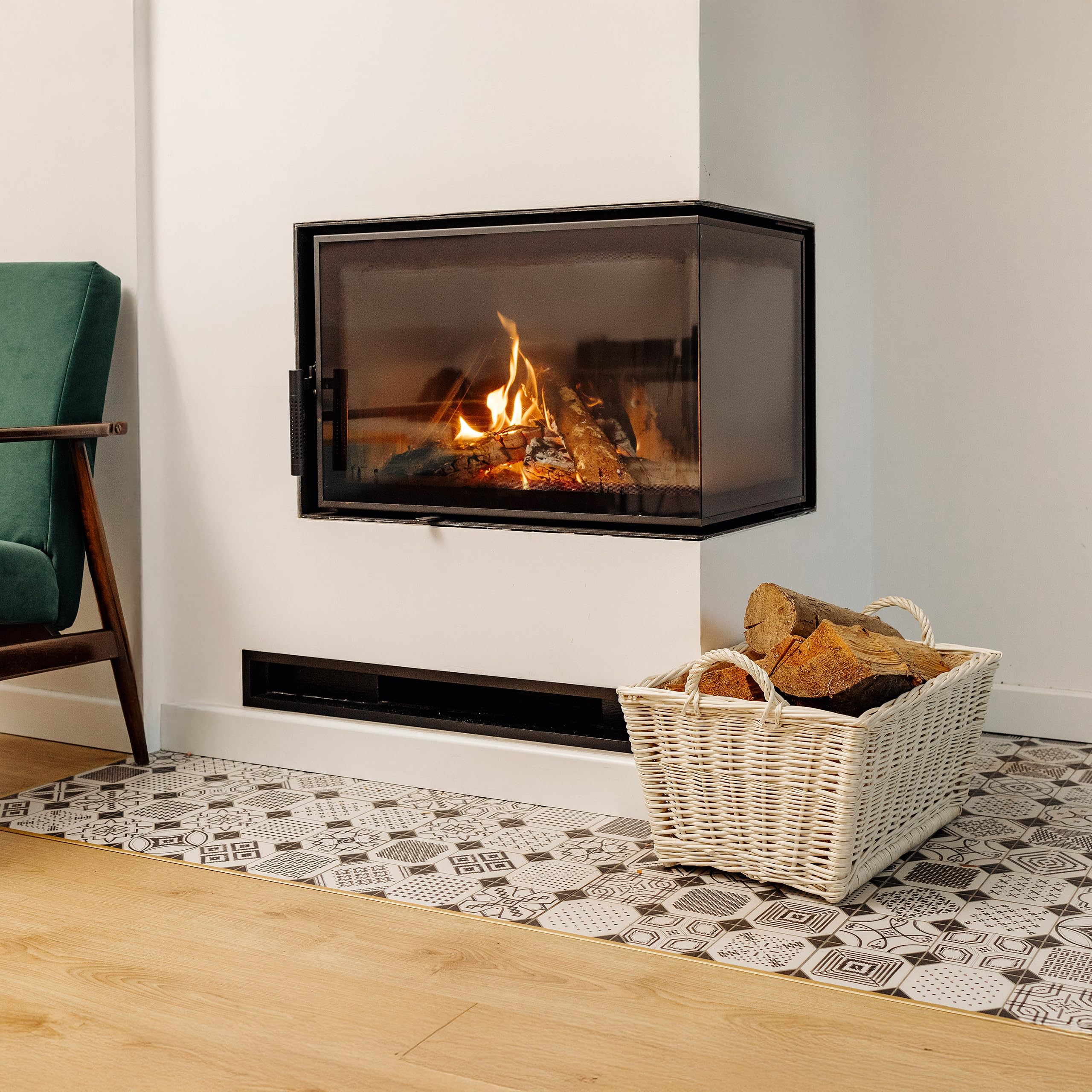 Creative Home Cesta de Mimbre Blanca para Almacenar Leña 47x33x30cm | Tela de Yute | Asas | Rectangular Grande | Tejida a Mano Duradera Interior | Sauce Grueso Natural | Multiuso