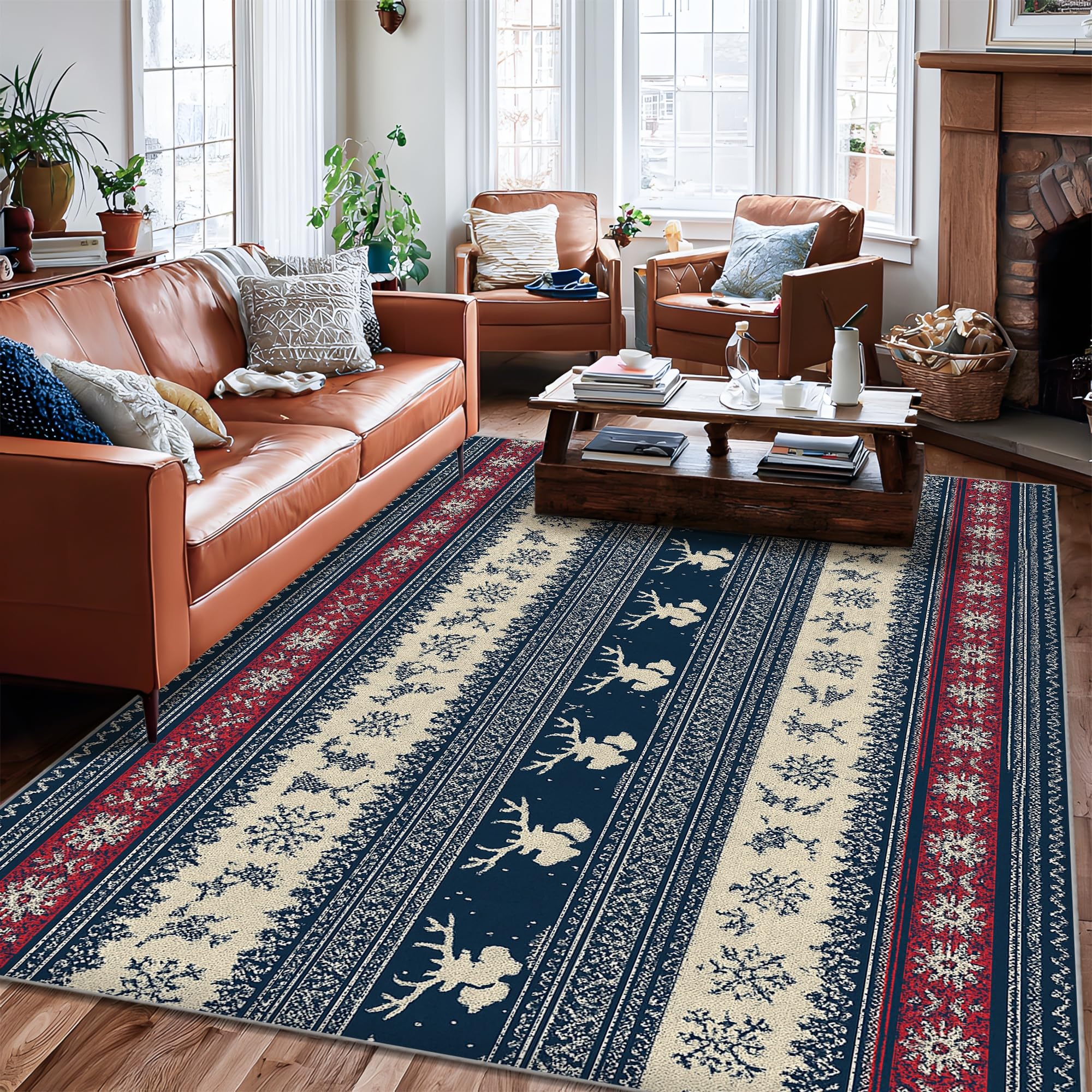 Tapis de Noël marine renne 1,8x2,7m antidérapant grand format