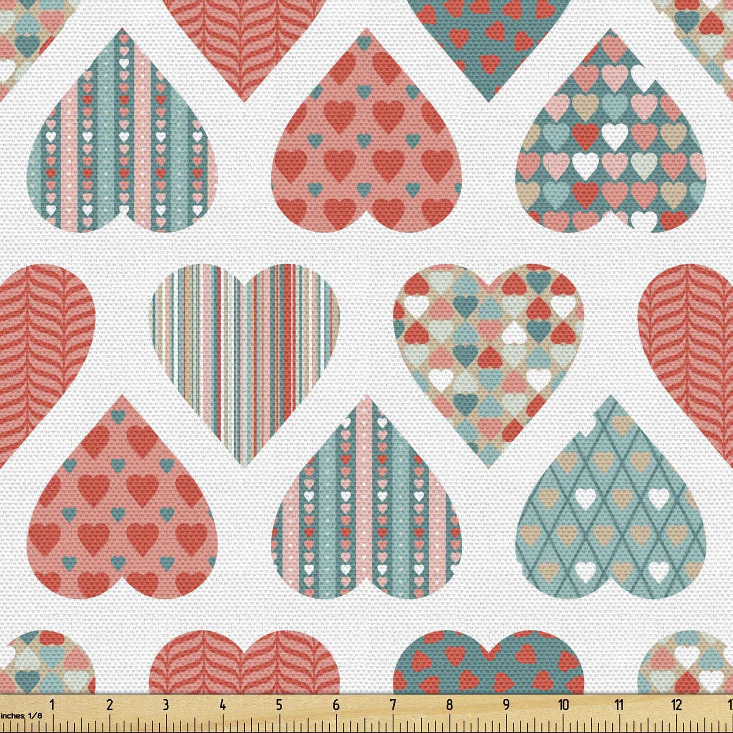 Lunarable Valentines Day Fabric by The Yard, Patchwork Print Like Hearts Unusual Forms Stripes Graphic Designs Image, Decorative Fabric for Upholstery and Home Accents, 1 Yard, Coral Seafoam