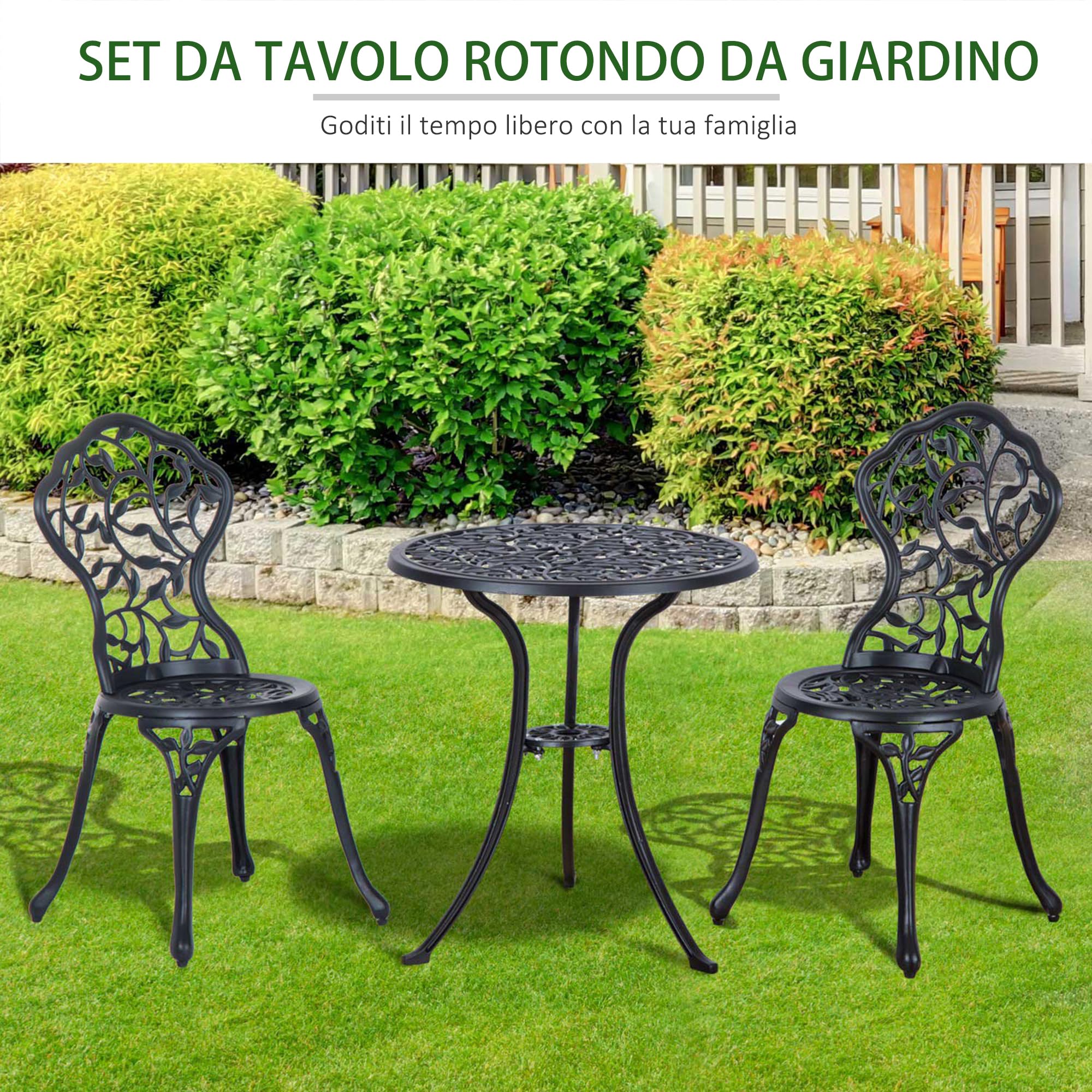 Outsunny Set Bistrò 3 Pezzi con 2 Sedie da Giardino e Tavolino Rotondo, Set Tavolo e Sedie da Giardino in Alluminio, per Patio, Cortile, Esterno, Nero