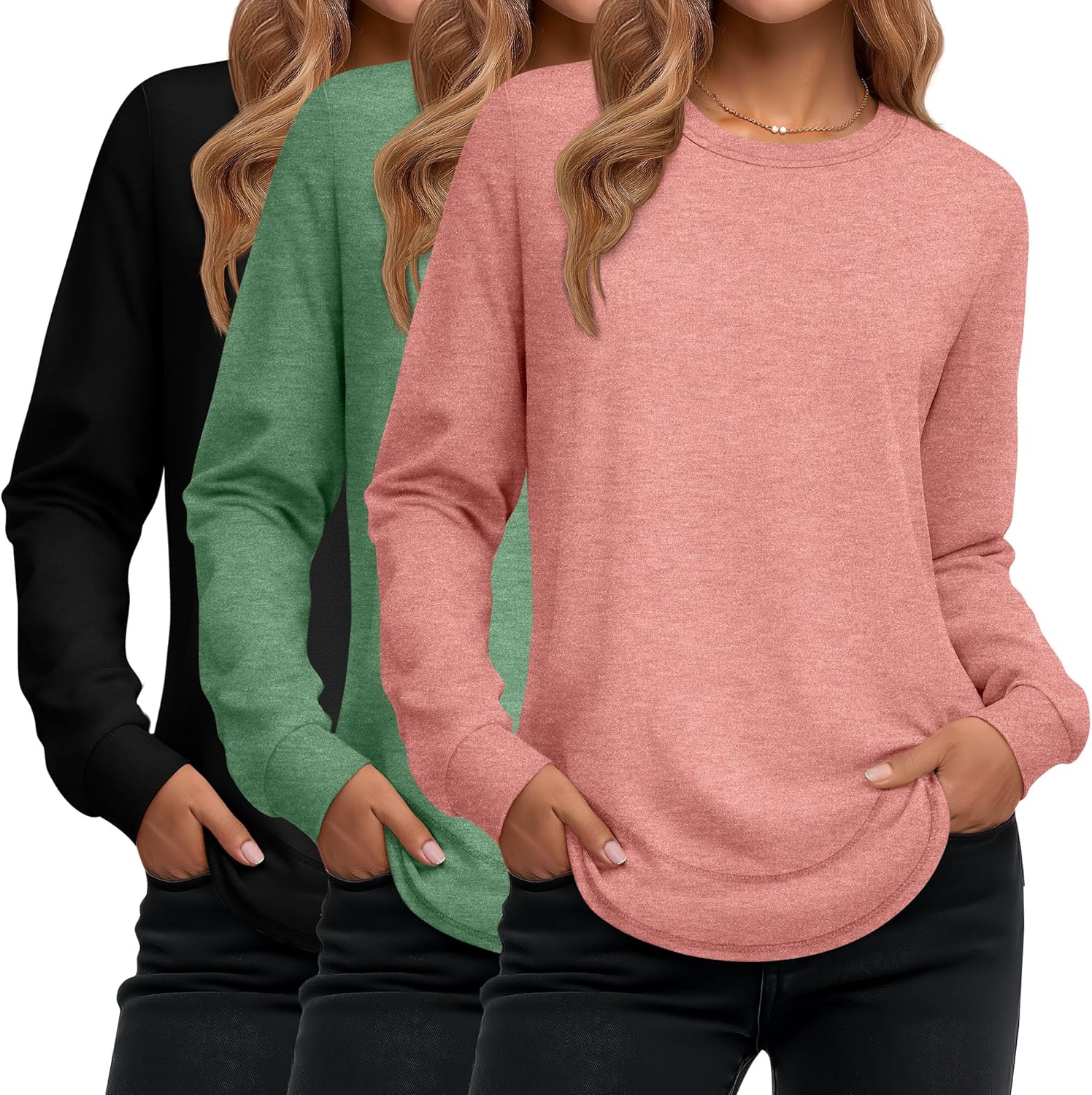 Ficerd 3 Pack Women’s Long Sleeve Shirts, Cotton Crew Neck Tunic Tops Casual Loose Fit Pullover Sweatshirts Curved Hem Shirts