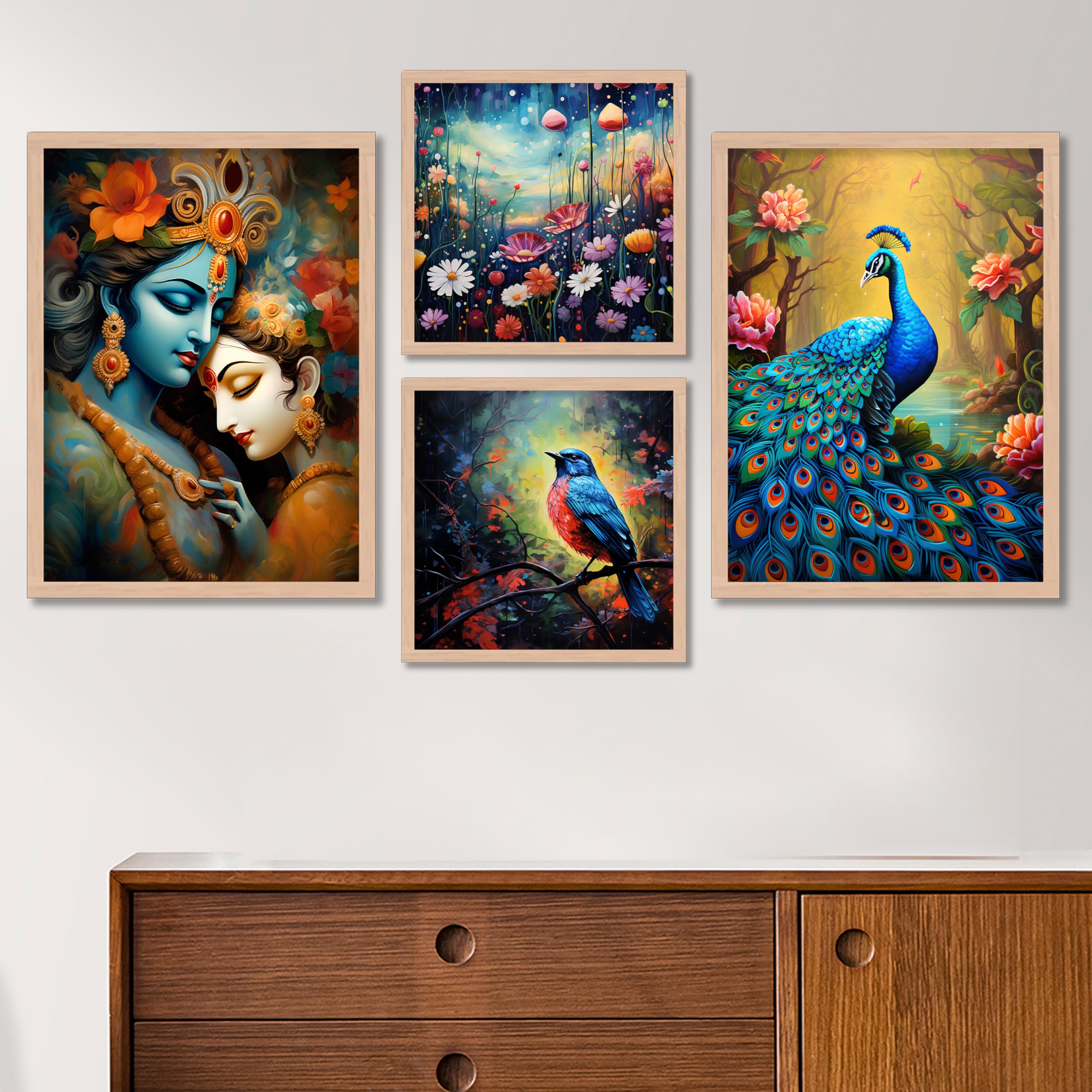BANGERZ Radhe Krishna Framed Wall Art Paintings For Home Hotel Living Room, Paintings For Wall Decoration - Decorative Poster Frames For Bedroom Wall Decor (Set of 4) (Medium, Modern 6)