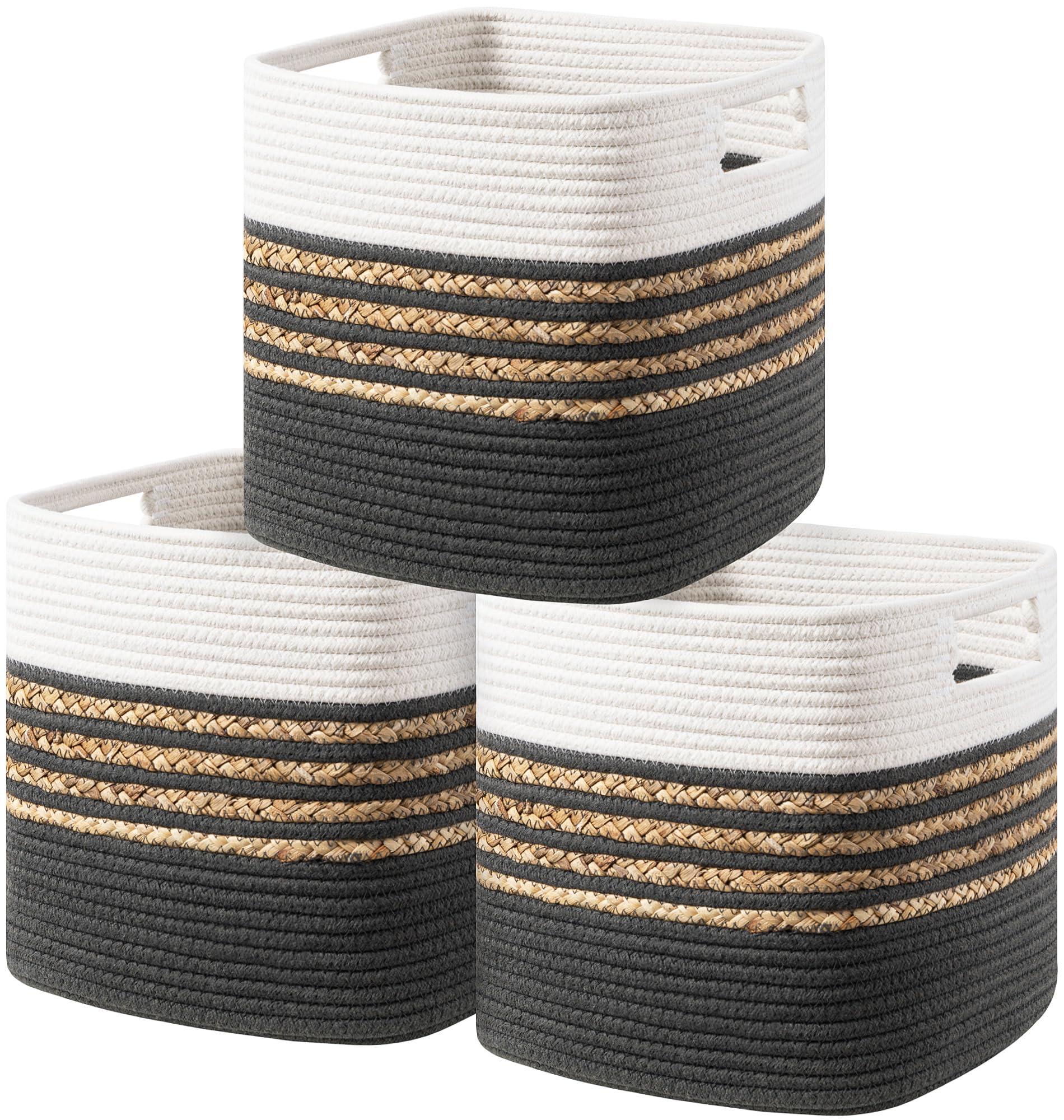 UBBCARE Set of 3 Storage Cubes 11 X 10.5 X 10.5 in, Water Hyacinth Storage Bins for shelves, Toys, Book, Storage Baskets with Handles, Cotton Rope Woven Baskets for Organizing, Dark Grey