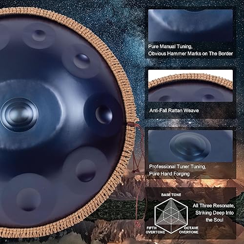 Vista 9 de Tambor de mano para principiantes, 22 pulgadas D menor Kurd 9 Notas - Juego de tambor de mano 440Hz, cacerola de mano, instrumento de mano (negro)