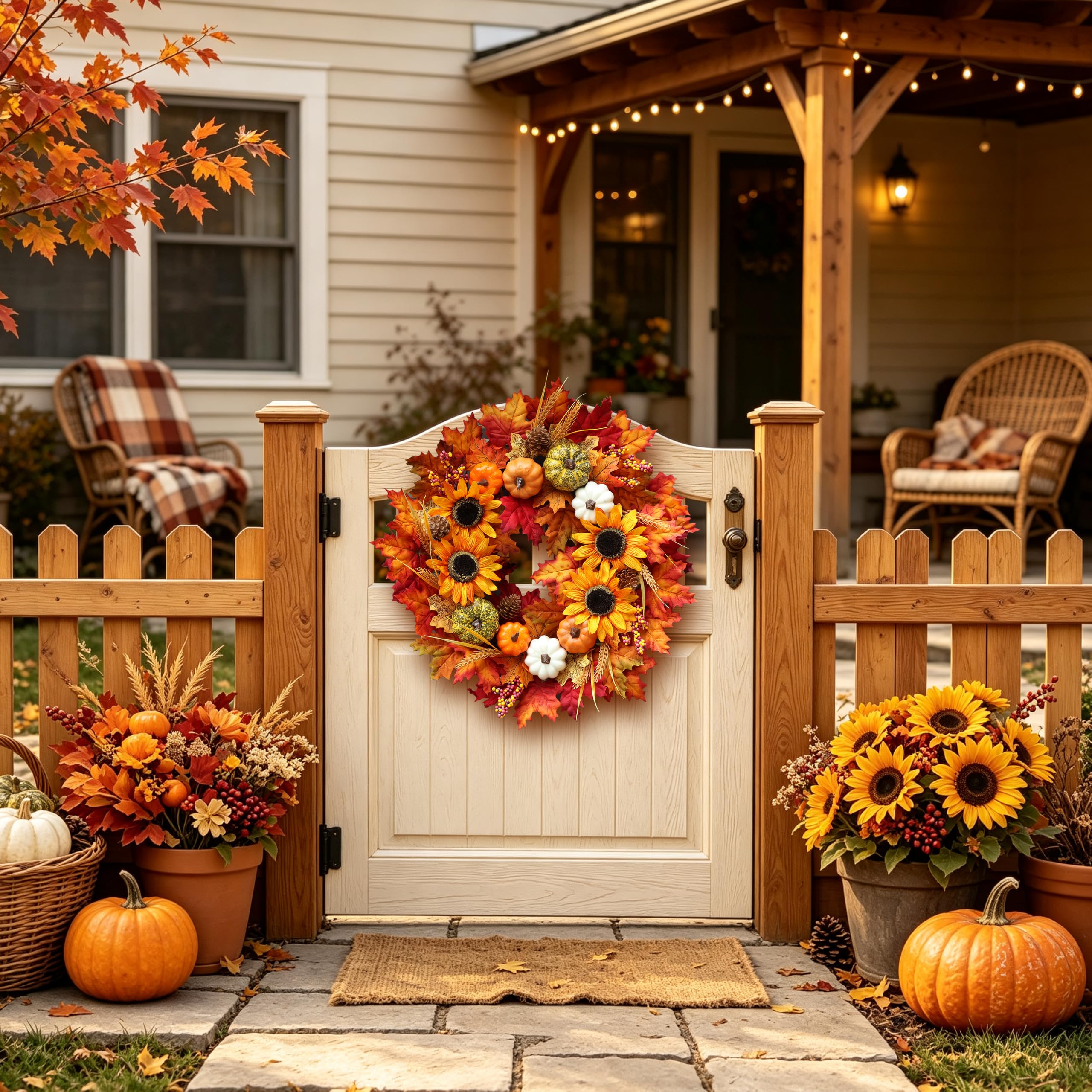 Couronne d'automne de tournesol pour porte d'entrée avec feuilles d'érable | Couronne d'automne artificielle avec pommes de pin pour Thanksgiving, Halloween, décoration de fenêtre, mur, ferme