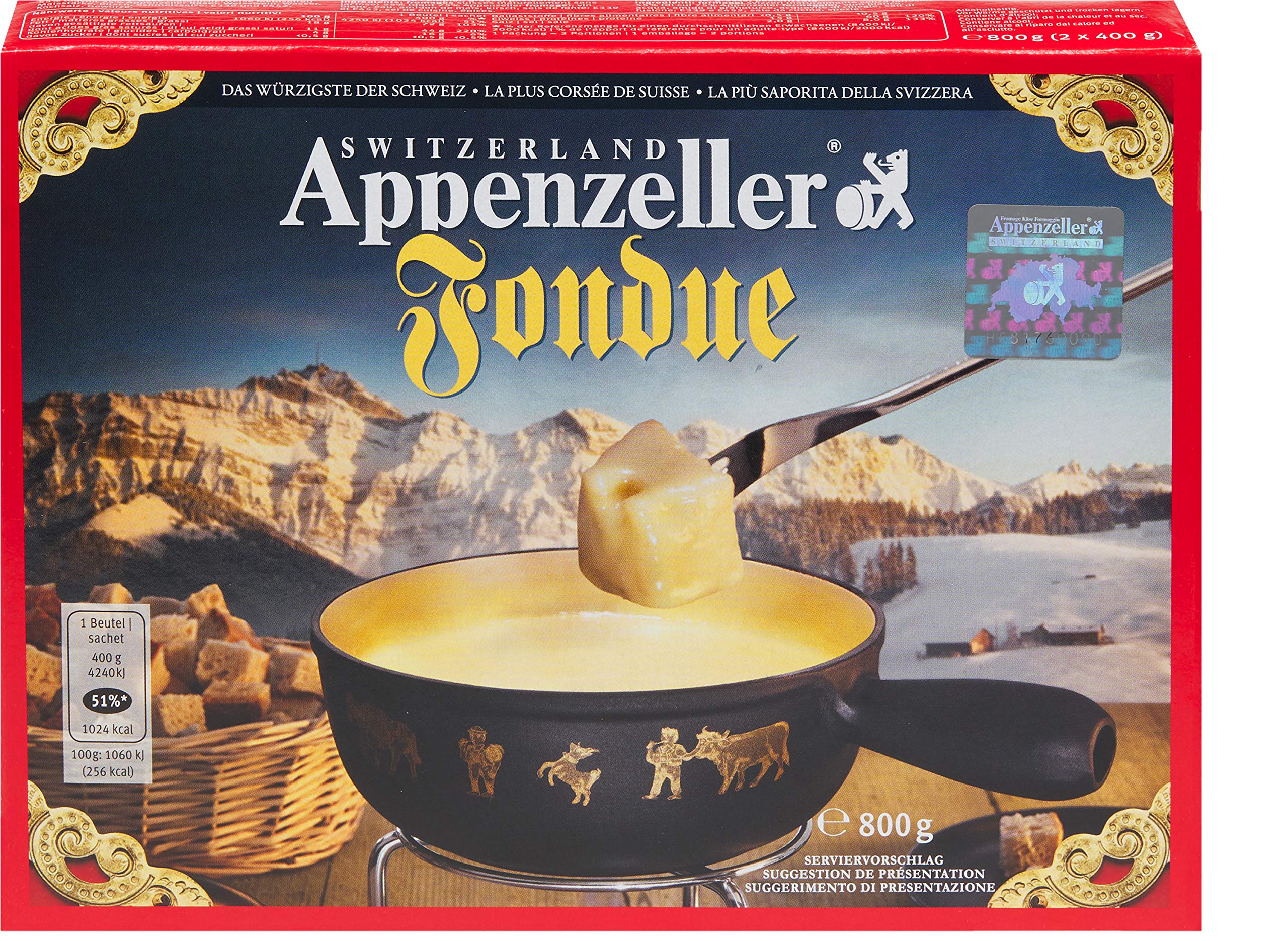 Fondue-Käse 'Appenzeller' - 2x800g würziger, aromatischer Käse aus der Schweiz als cremiges Fondue