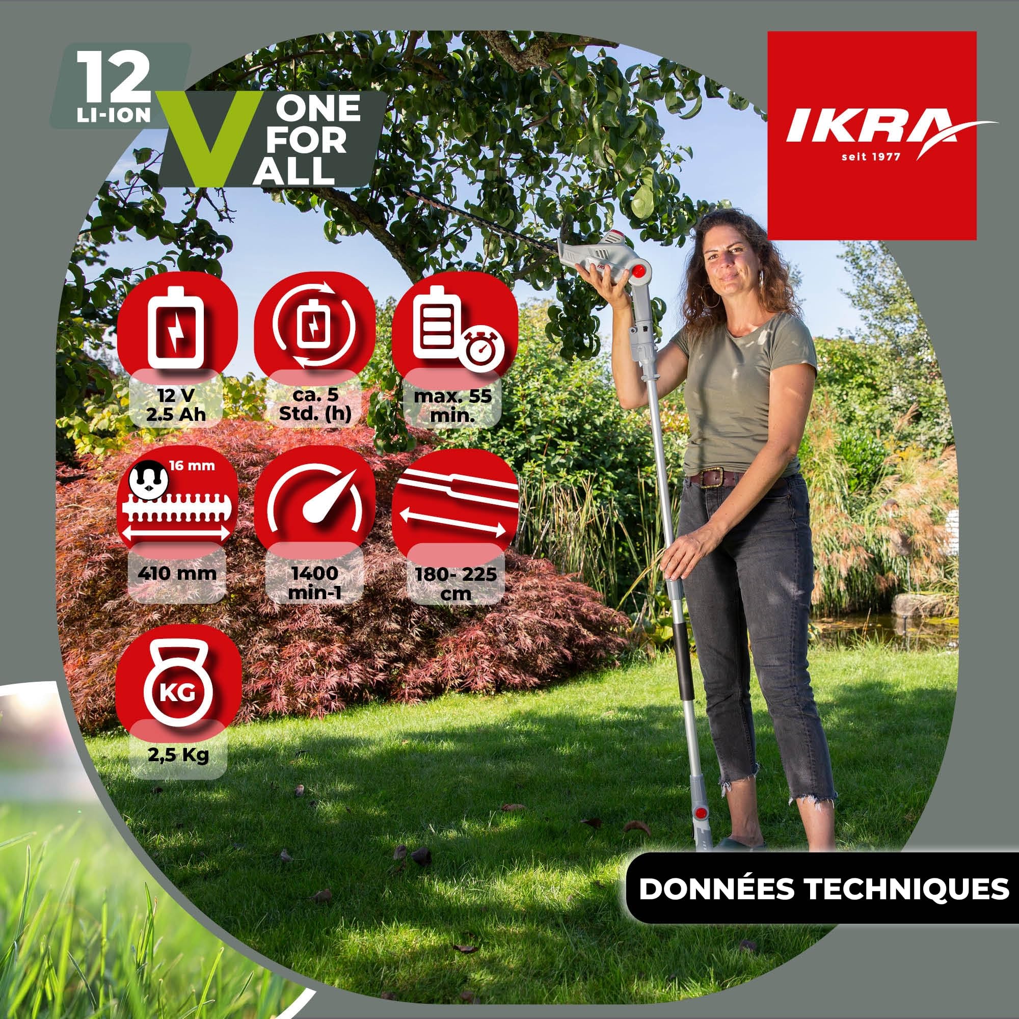 IKRA Taille-haie télescopique IATHS 1241, avec Batterie Chargeur & Lunettes