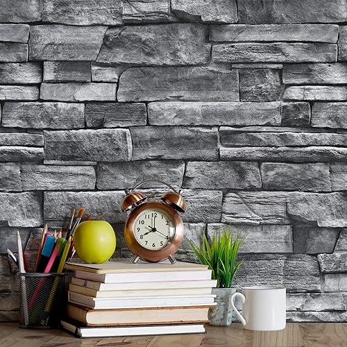 Nukofal Papel tapiz de ladrillo para despegar y pegar, papel tapiz de 17.7 x 393.7 pulgadas, papel tapiz de piedra gris, papel tapiz autoadhesivo de