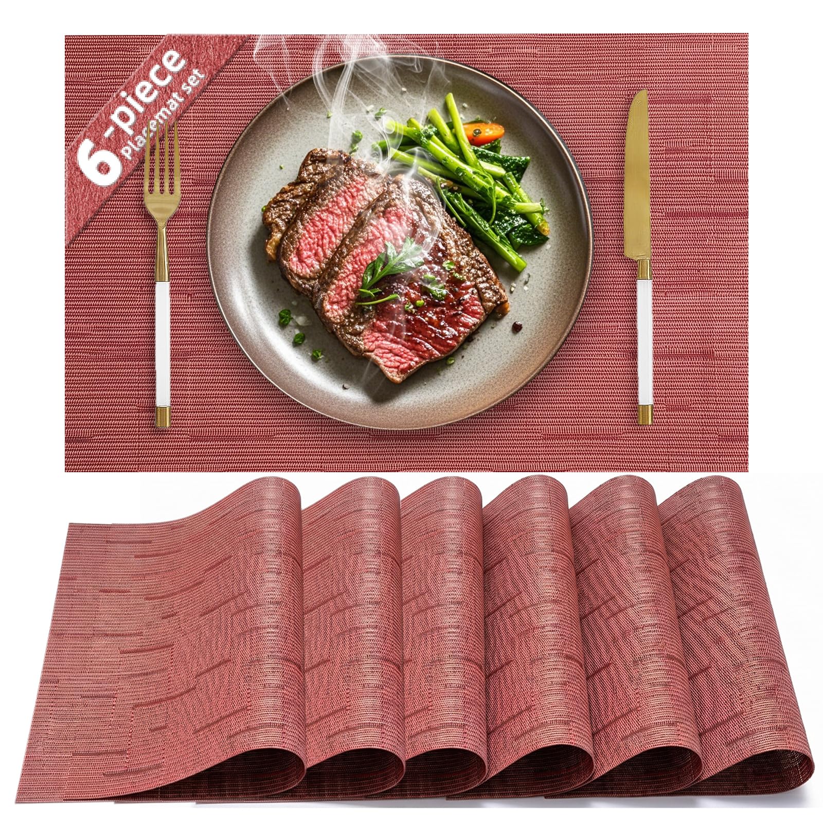 HELI MIAO Table Mats Set of 6, PVC Place Mats Washable Non-Slip & Heat Resistant, Wipe-Clean Woven Placemats for Kitchen Dining Table Hotel, 17"X12" โ Burgundy