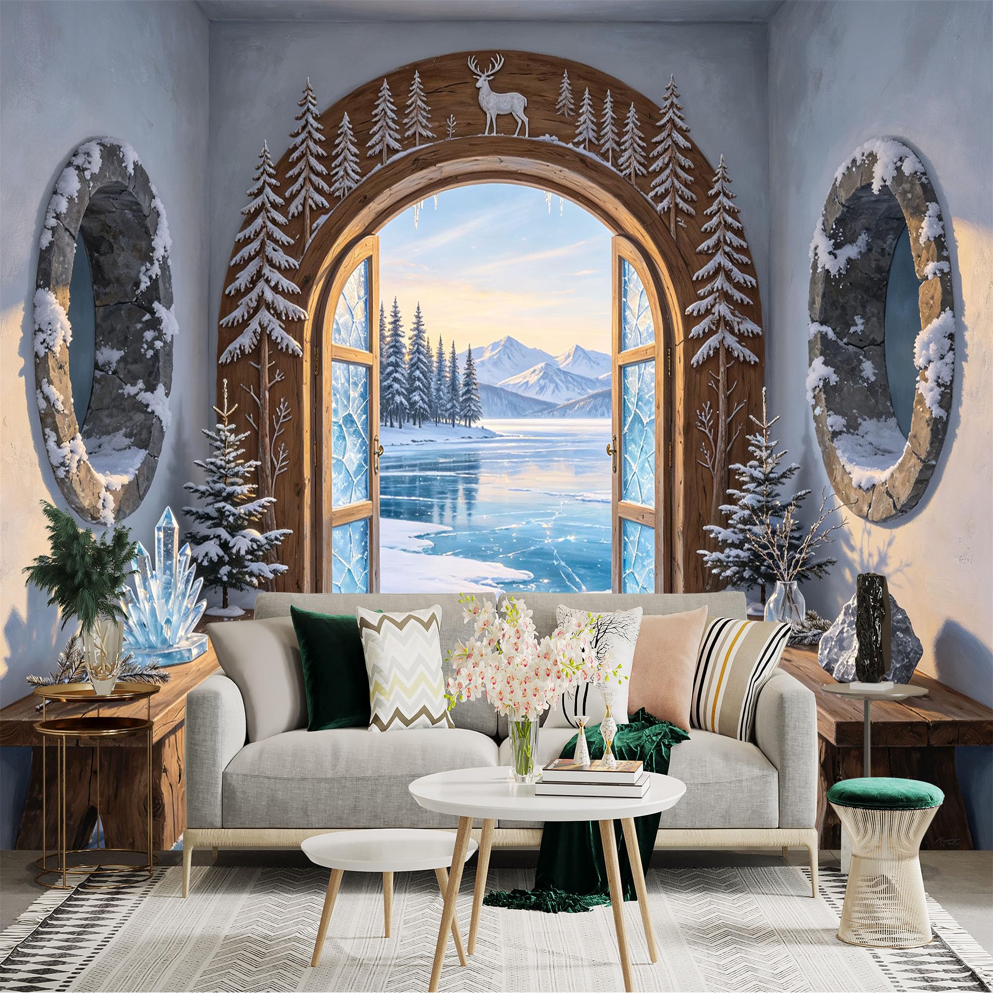 Custom Size Wall Sticker Mural， Winter Lake View， Snowy Forest， Frozen Water， Rustic Archway， Mountain Landscape， for wall Decoration， peelandstick wall Decals.