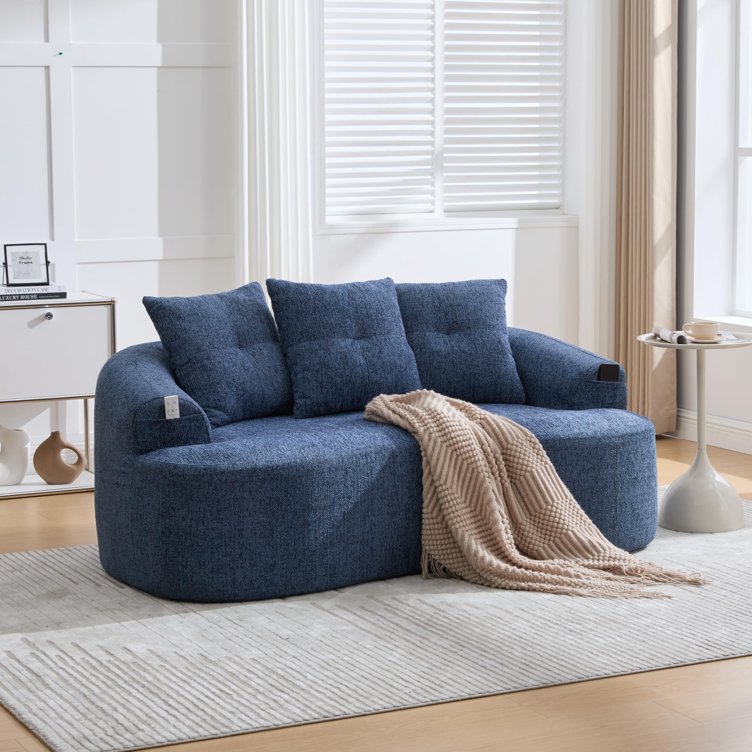 Shye Divano a due posti curvo, in ciniglia blu, motivo nuvola di ciniglia, profondo cuscino rotondo profondo, design compresso senza nucleo a molle, include tre cuscini decorativi, in stile