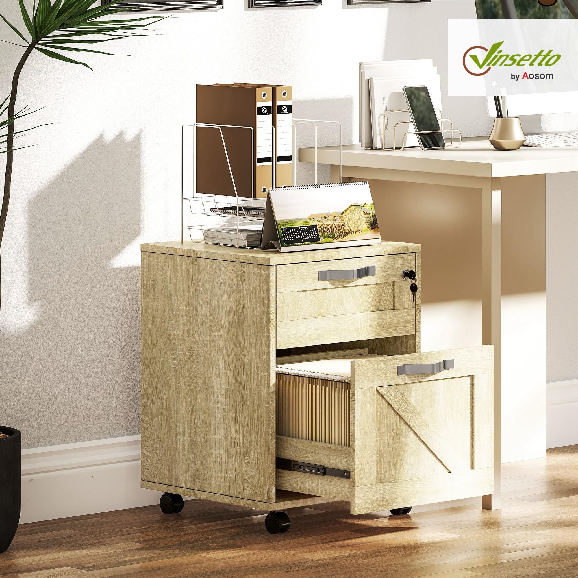 Vinsetto Cajonera de Oficina con 2 Cajones Cajonera con Ruedas Mueble Archivador Móvil con Cerradura y Carpetas Colgantes para Tamaño A4 41x42x56 cm Natural