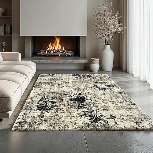 Ottomanson Modern Abstract Shag Rug 8x10 Soft Pile Shag Area Rug for Bedroom, Living Room, Dining Room, Office, 7'10" x 9'10", Beige/Ivory