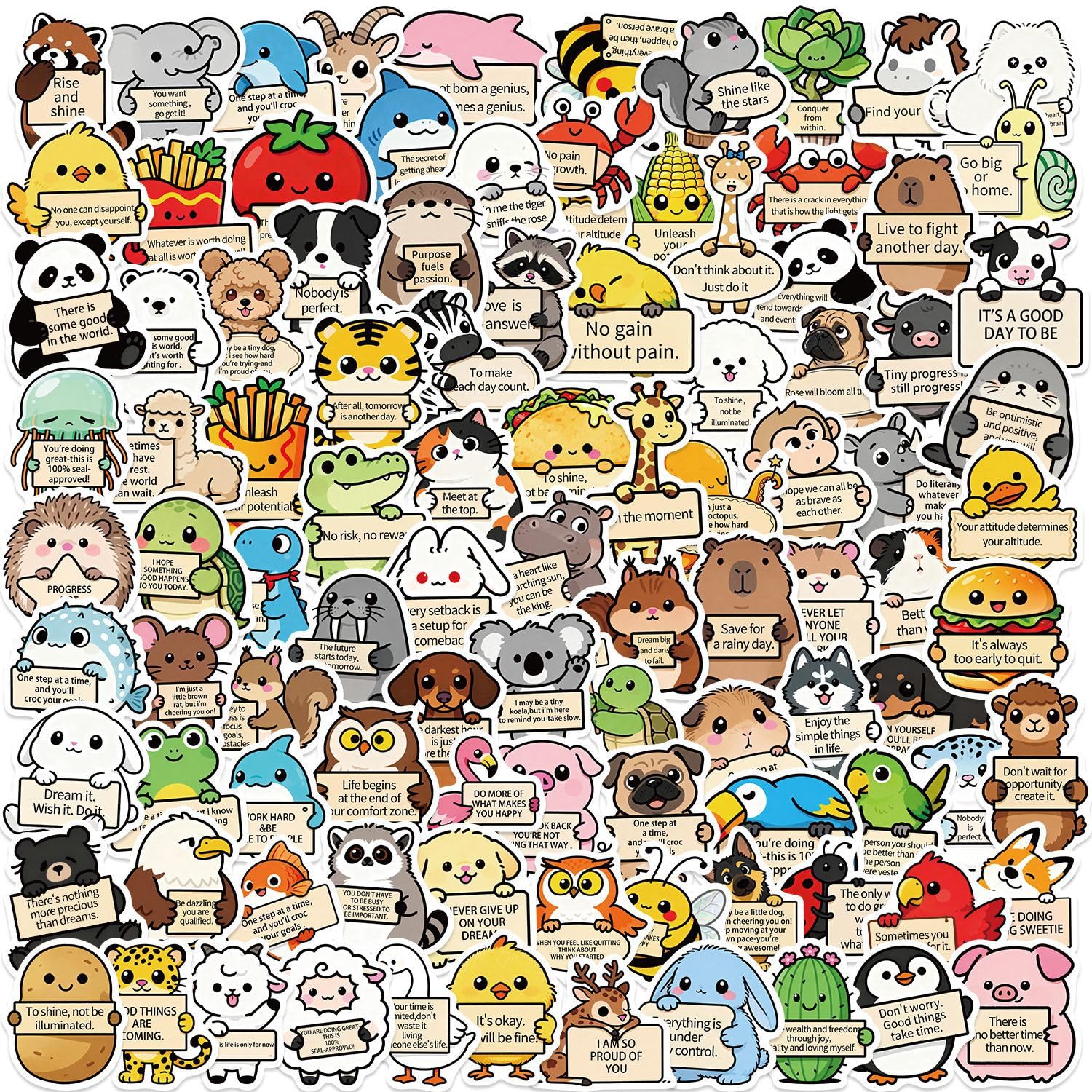 100Pcs Positive Animal Stickers Motivational Quote Vinyl Decals for Laptops Skateboards Luggage Helmets Bikes and Phones Fans Lovers and Uplifting Vibe Enthusiasts